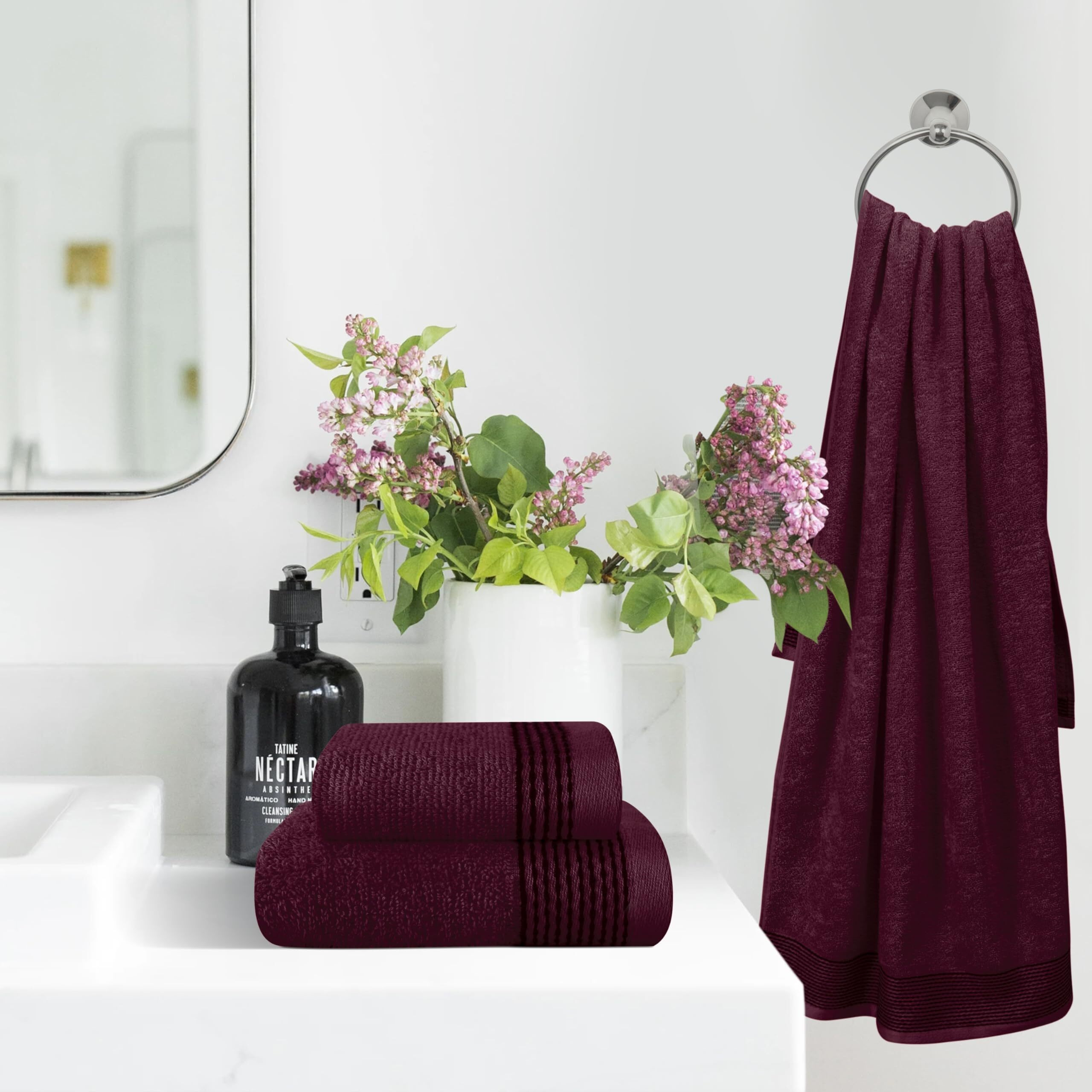 Belizzi Home Ultra Soft 3 Pack Cotton Towel Set, Contains A Bath Towel 28X55 Inch, A Hand Towel 16X24 Inch & A Wash Coth 12X12 Inch, Ideal Everyday Use, Compact & Lightweight -Burgundy