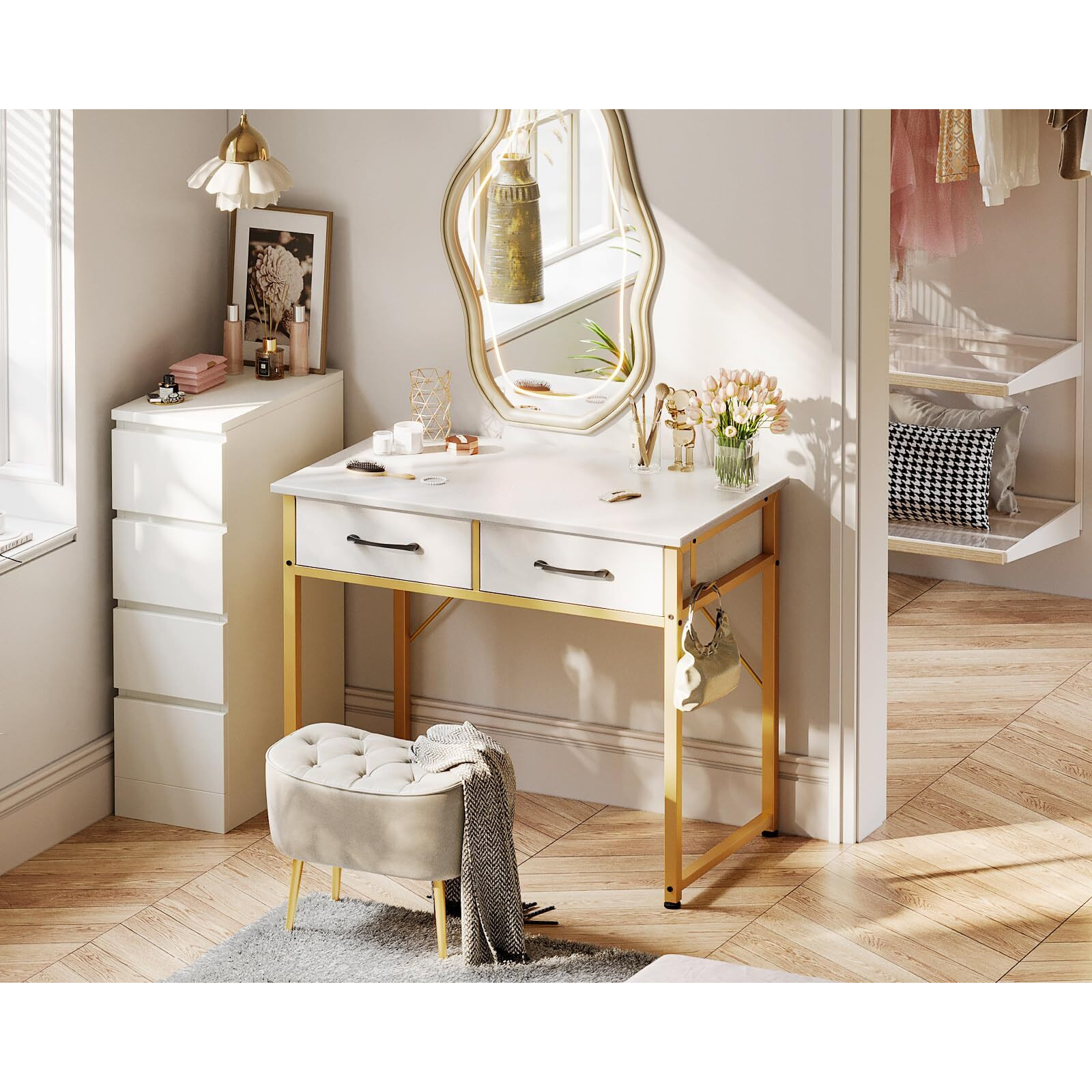 Odk Vanity Desk Without Mirror, Makeup Vanity With 2 Fabirc Drawers, White Vanity Dressing Vanity Table With Versatile Hook, 32 Inch Small Vanity For Bedroom, Desk Make Up For Girls, White And Gold