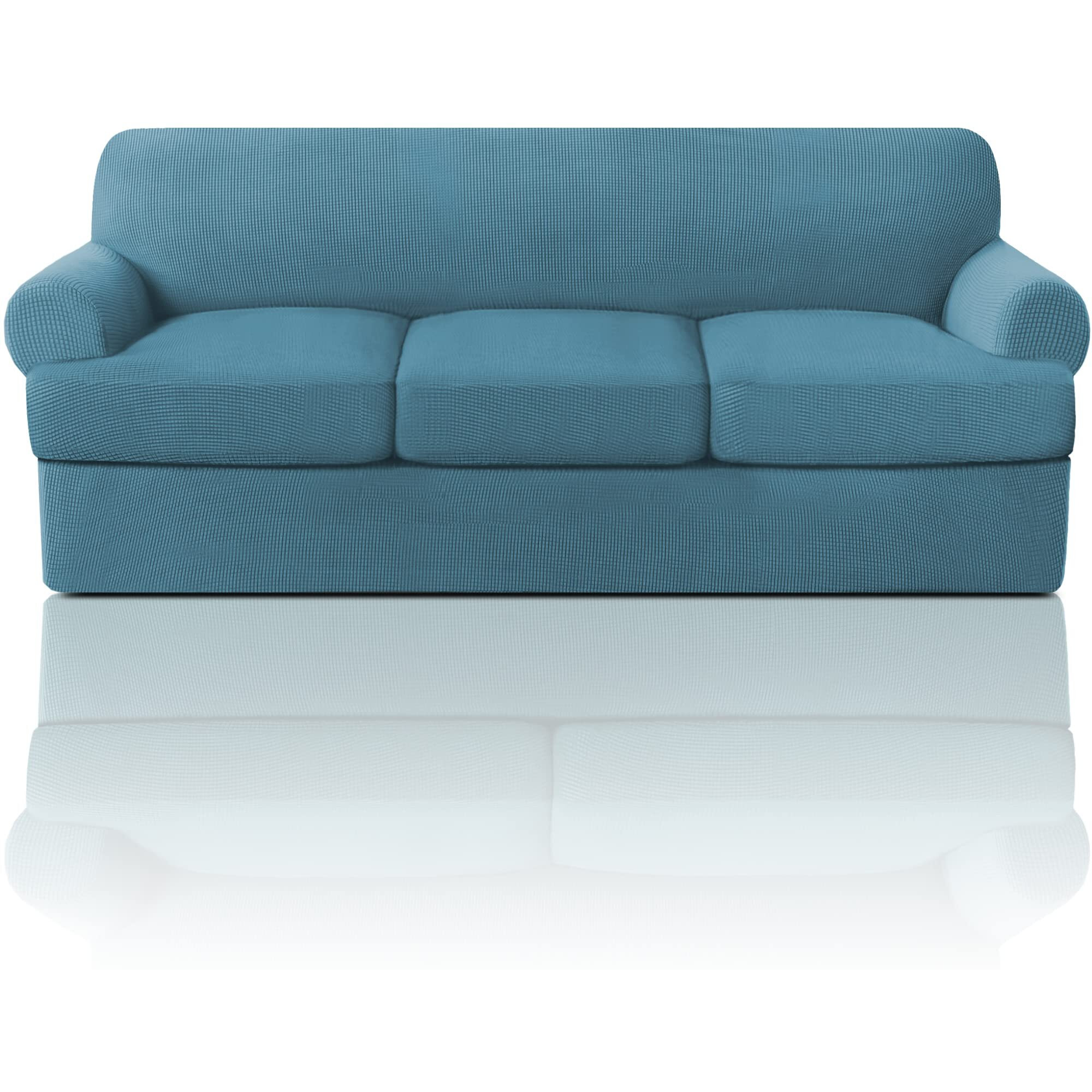 Princedeco T Cushion Sofa Slipcover 4 Pieces Sofa Covers For T Cushion Sofa Soft Couch Cover Sofa Slip Covers Furniture Covers With 3 Individual T Cushion Shape Seat Covers Washable, Storm Blue
