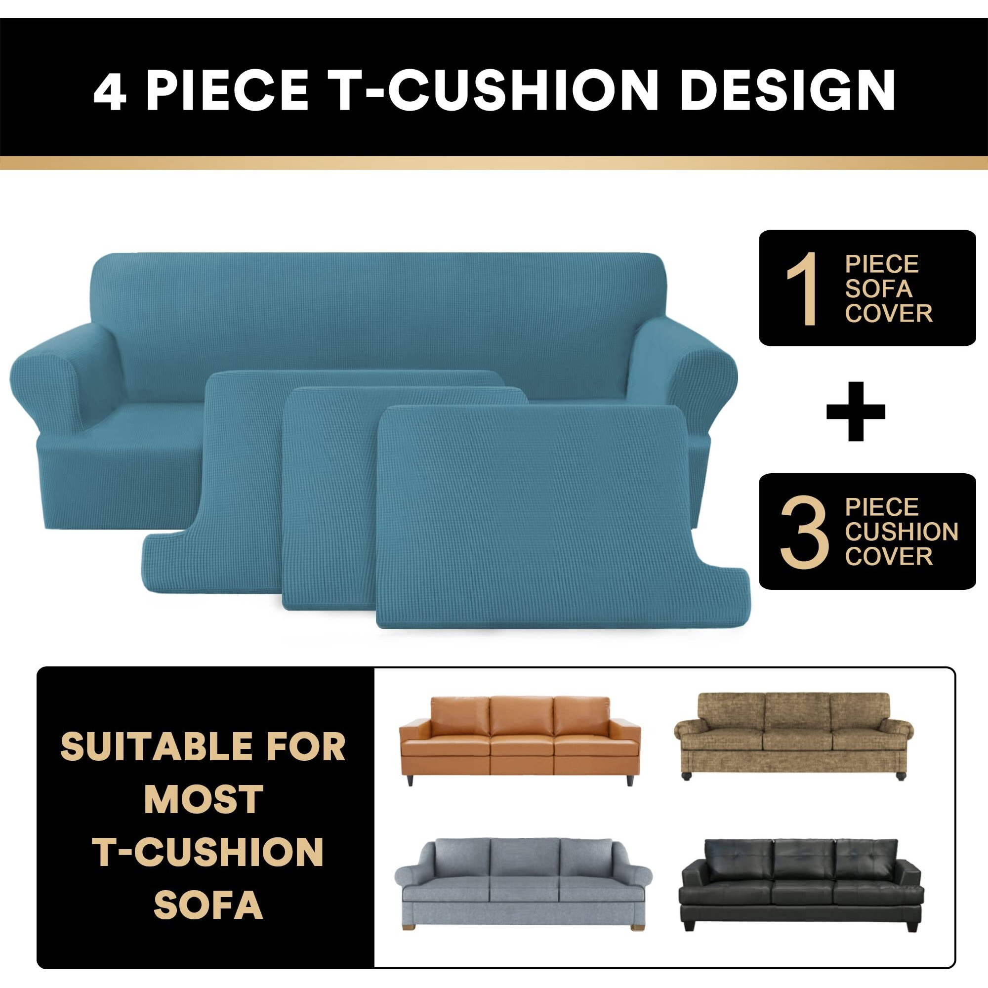 Princedeco T Cushion Sofa Slipcover 4 Pieces Sofa Covers For T Cushion Sofa Soft Couch Cover Sofa Slip Covers Furniture Covers With 3 Individual T Cushion Shape Seat Covers Washable, Storm Blue