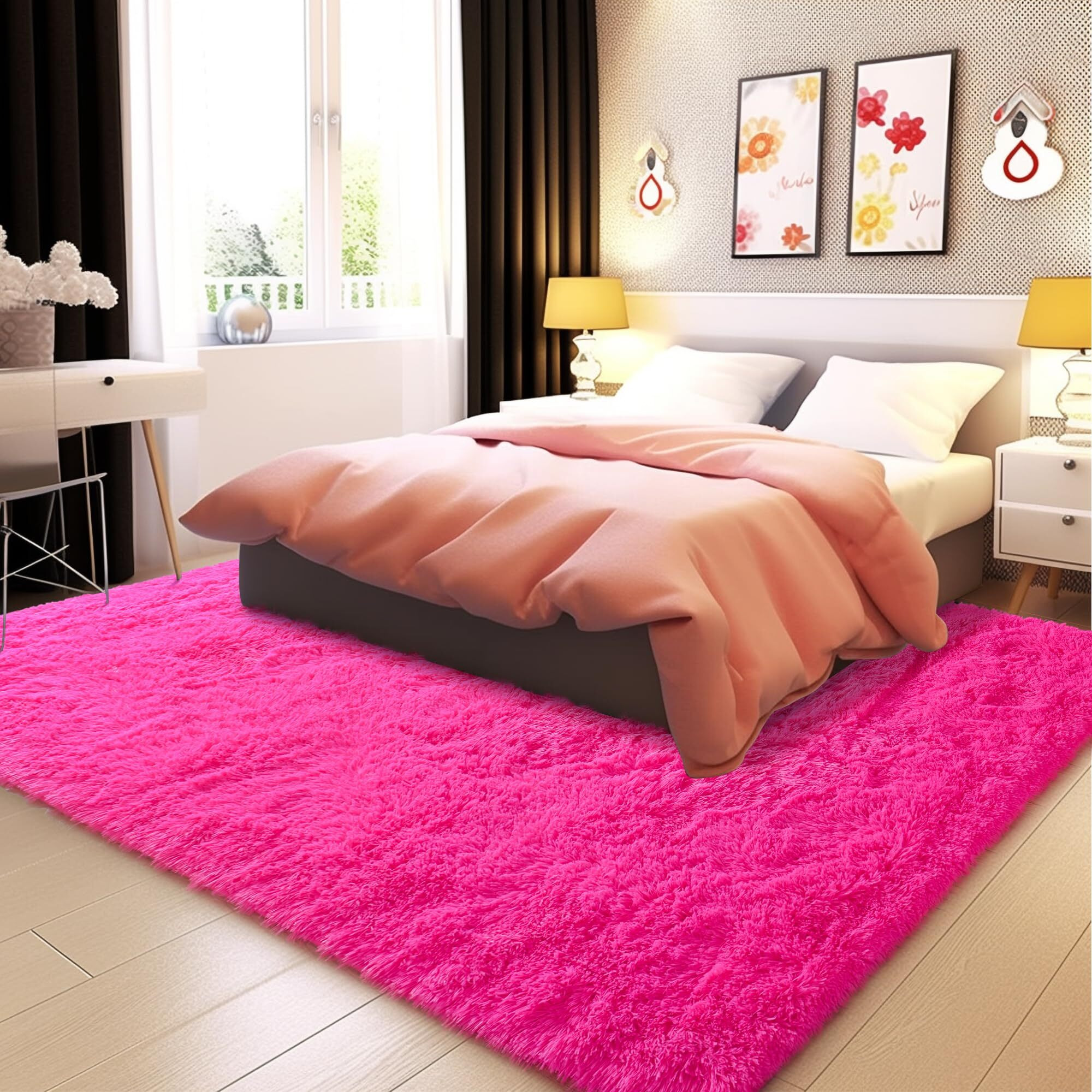 Awaytail Fluffy Rug Washable 4X6 Feet, Hot Pink Fuzzy Rugs For Bedroom Girls, Flame Retardant Plush Shaggy Rug Home Decor