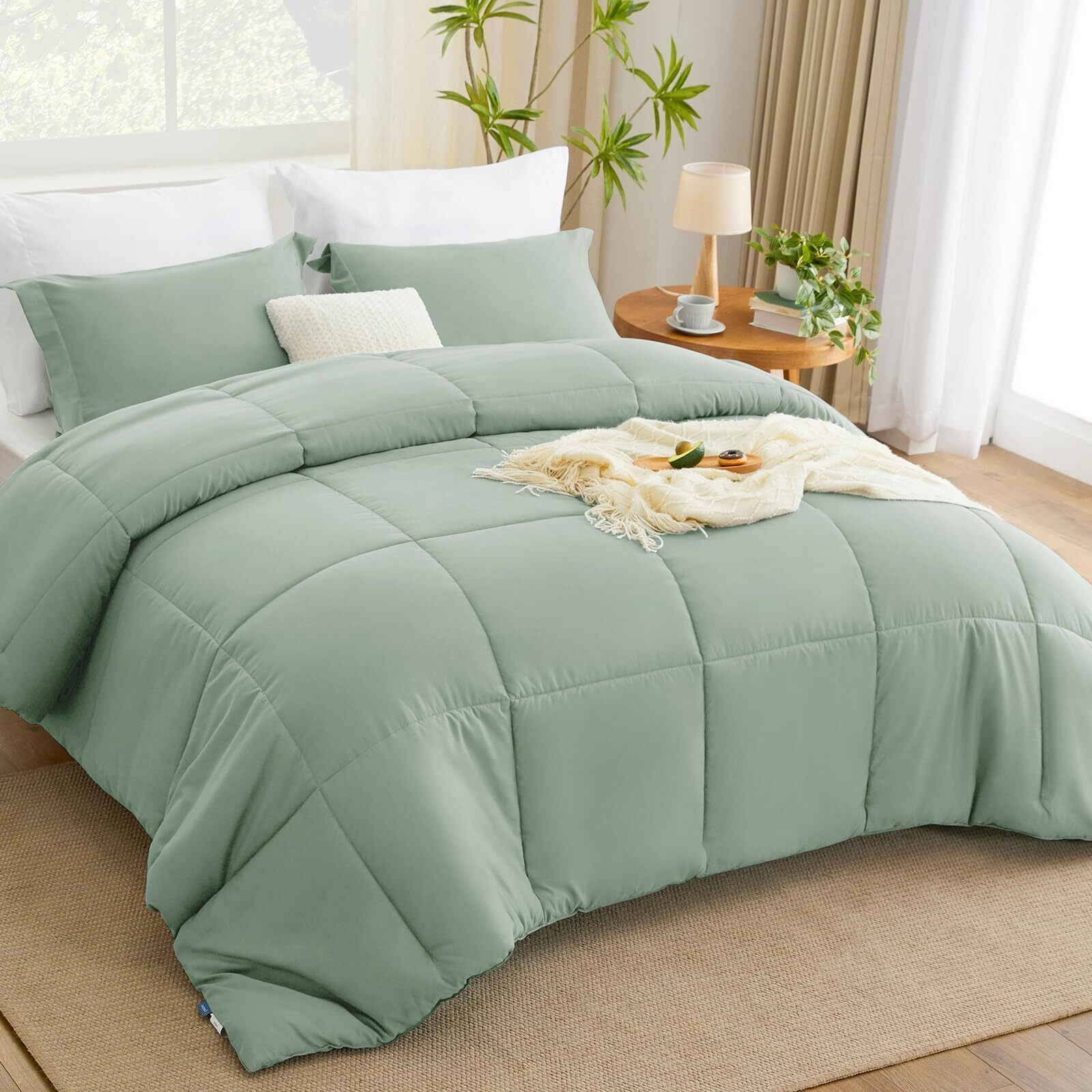 Cozylux King Size Comforter Set - Sage Green Comforter King Size, 3 Pieces Box Stitched Bed Set For All Seasons, Soft Lightweight Bedding Sets With 1 Down Alternative Comforter And 2 Pillow Shams