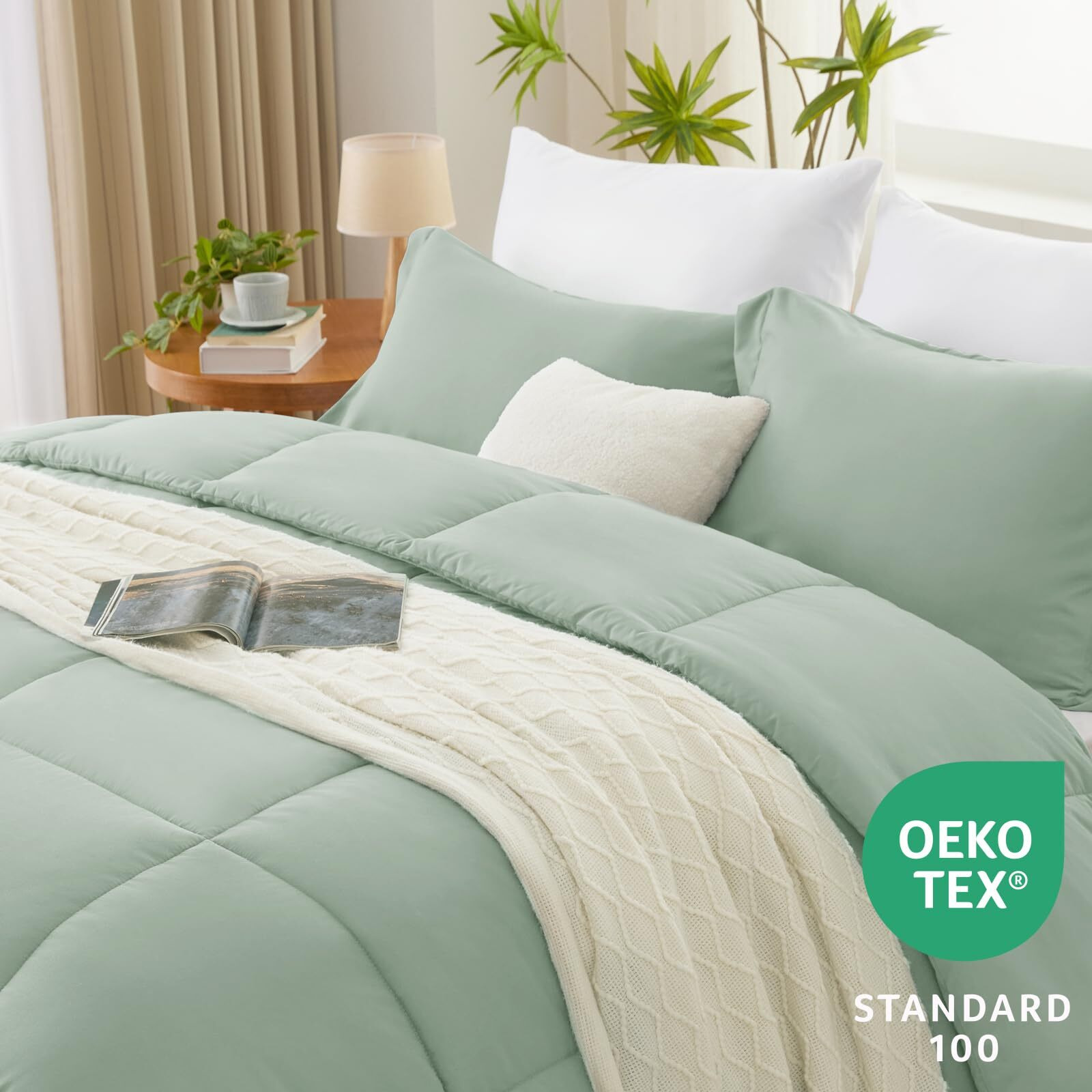 Cozylux King Size Comforter Set - Sage Green Comforter King Size, 3 Pieces Box Stitched Bed Set For All Seasons, Soft Lightweight Bedding Sets With 1 Down Alternative Comforter And 2 Pillow Shams