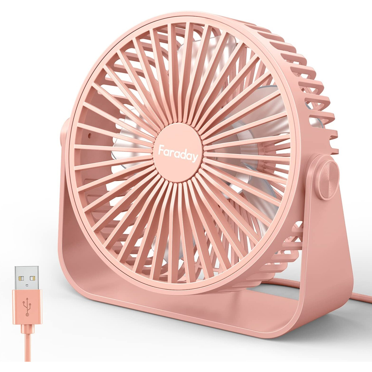 Faraday Usb Desk Fans 5 Inches Portable Table Fans 360 Head Rotation Small Personal Desktop Fan For Home Office, 3 Speeds, Pink