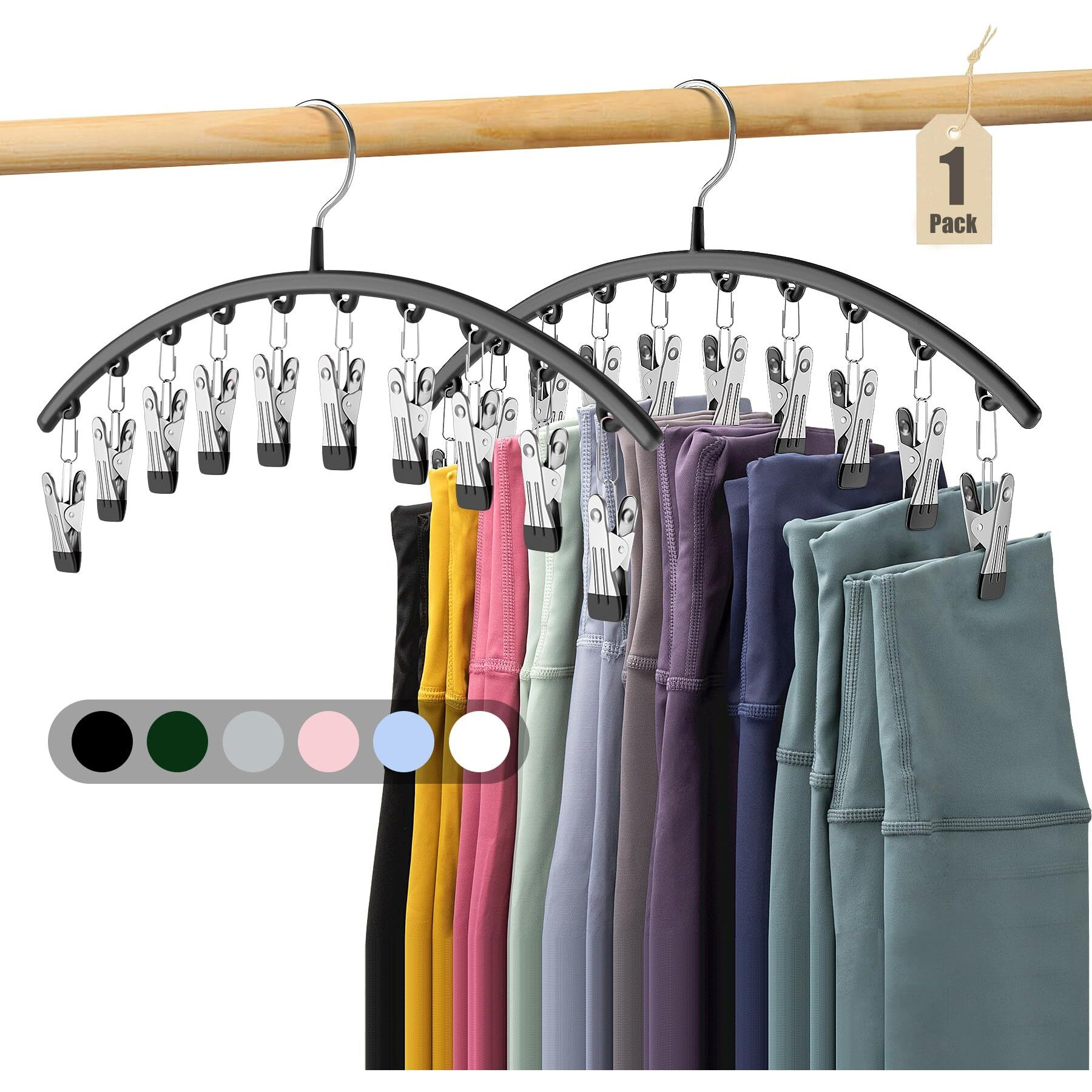 Legging Organizer For Closet, Metal Yoga Pants Hangers 1 Pack W/10 Clips Holds 10 Leggings, Space Saving Hanging Closet Organizer W/Rubber Coated Closet Organizers And Storage, Black
