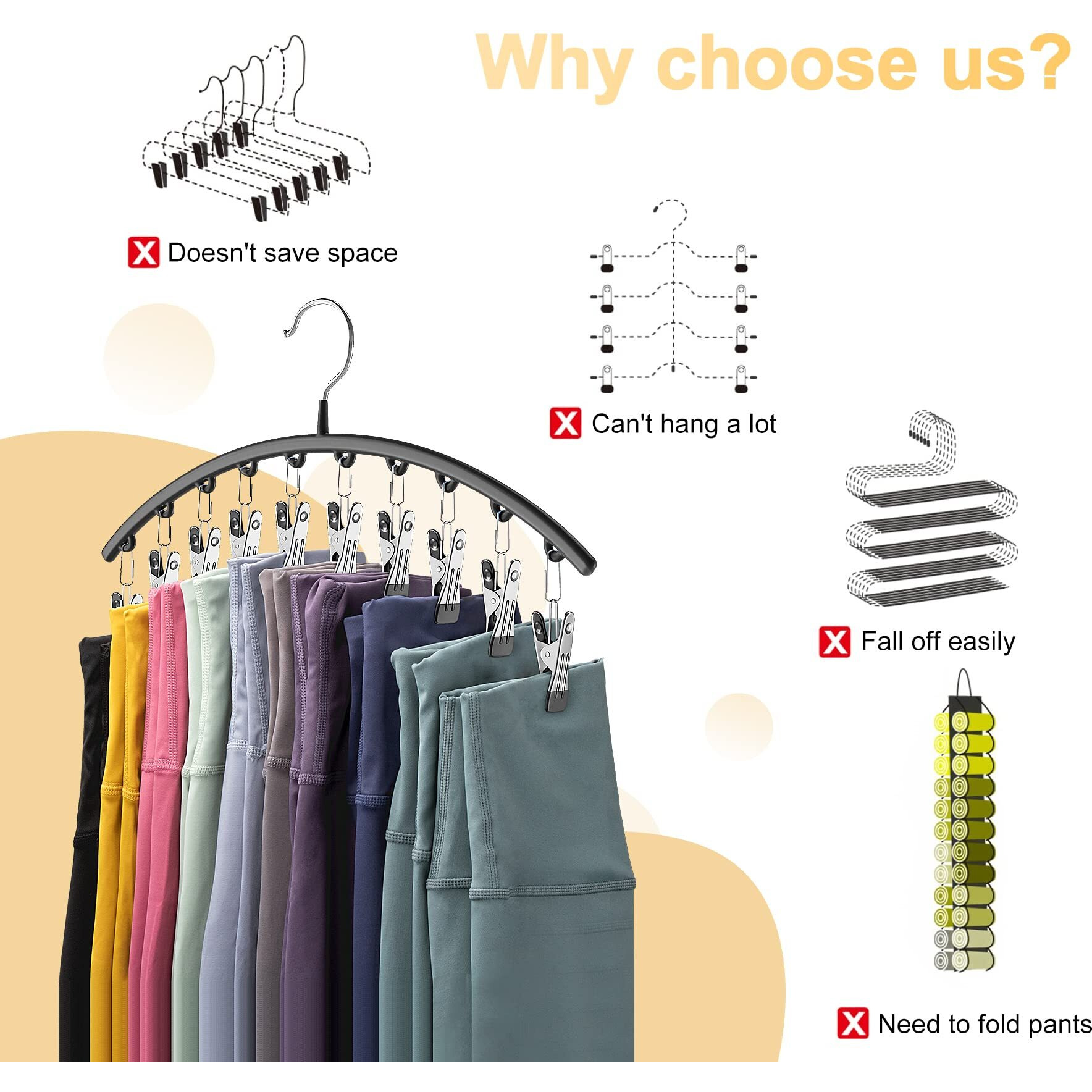 Legging Organizer For Closet, Metal Yoga Pants Hangers 1 Pack W/10 Clips Holds 10 Leggings, Space Saving Hanging Closet Organizer W/Rubber Coated Closet Organizers And Storage, Black