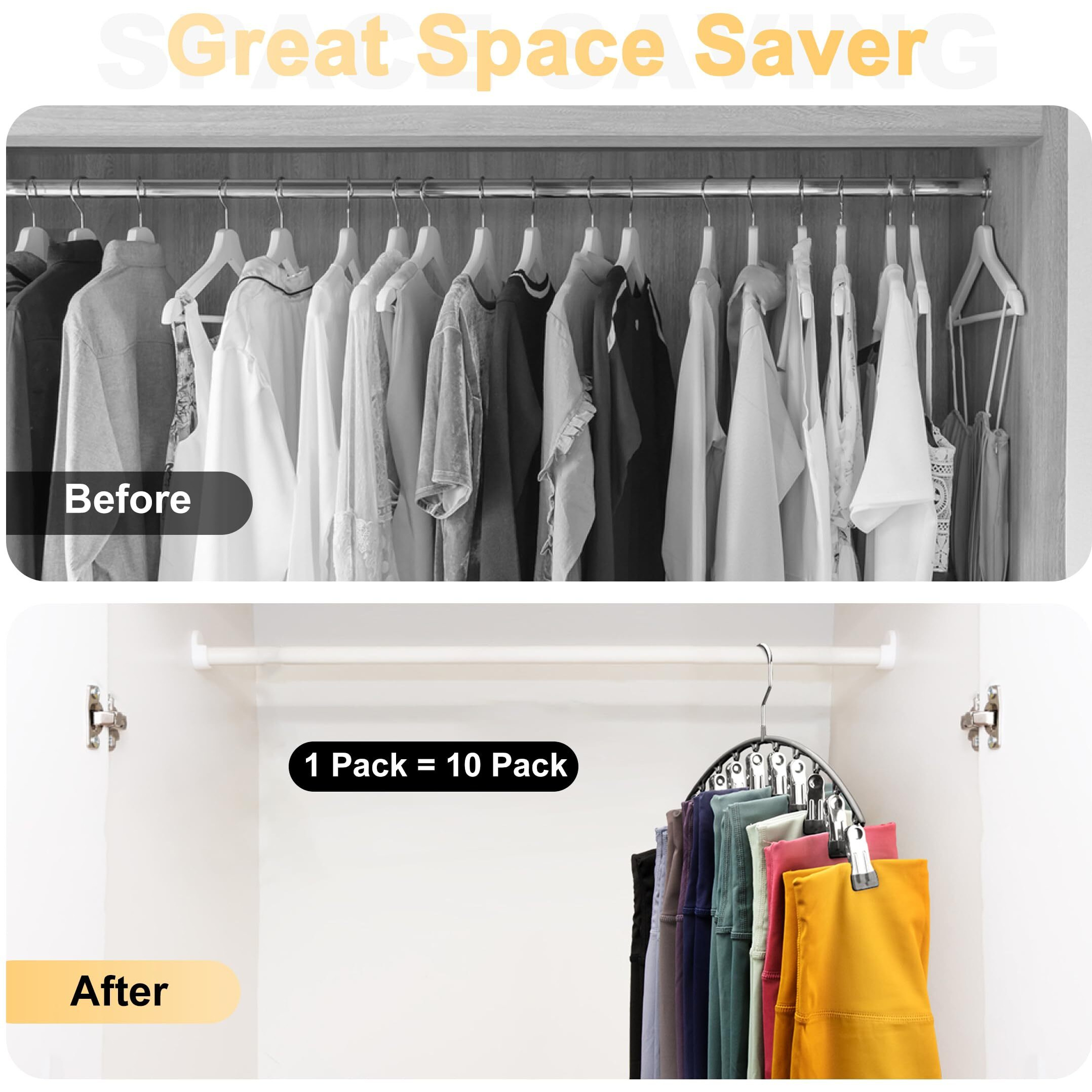 Legging Organizer For Closet, Metal Yoga Pants Hangers 1 Pack W/10 Clips Holds 10 Leggings, Space Saving Hanging Closet Organizer W/Rubber Coated Closet Organizers And Storage, Black