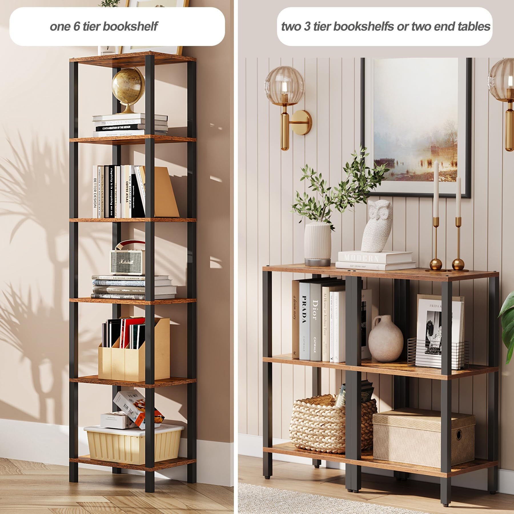 Tutotak Bookshelf, 6-Tier Tall Book Shelf, Narrow Bookcase For Small Space, Diy Stackable Bookshelf, For Living Room, Office, Study, Entryway, Industrial, Rustic Brown Bs01Bb006