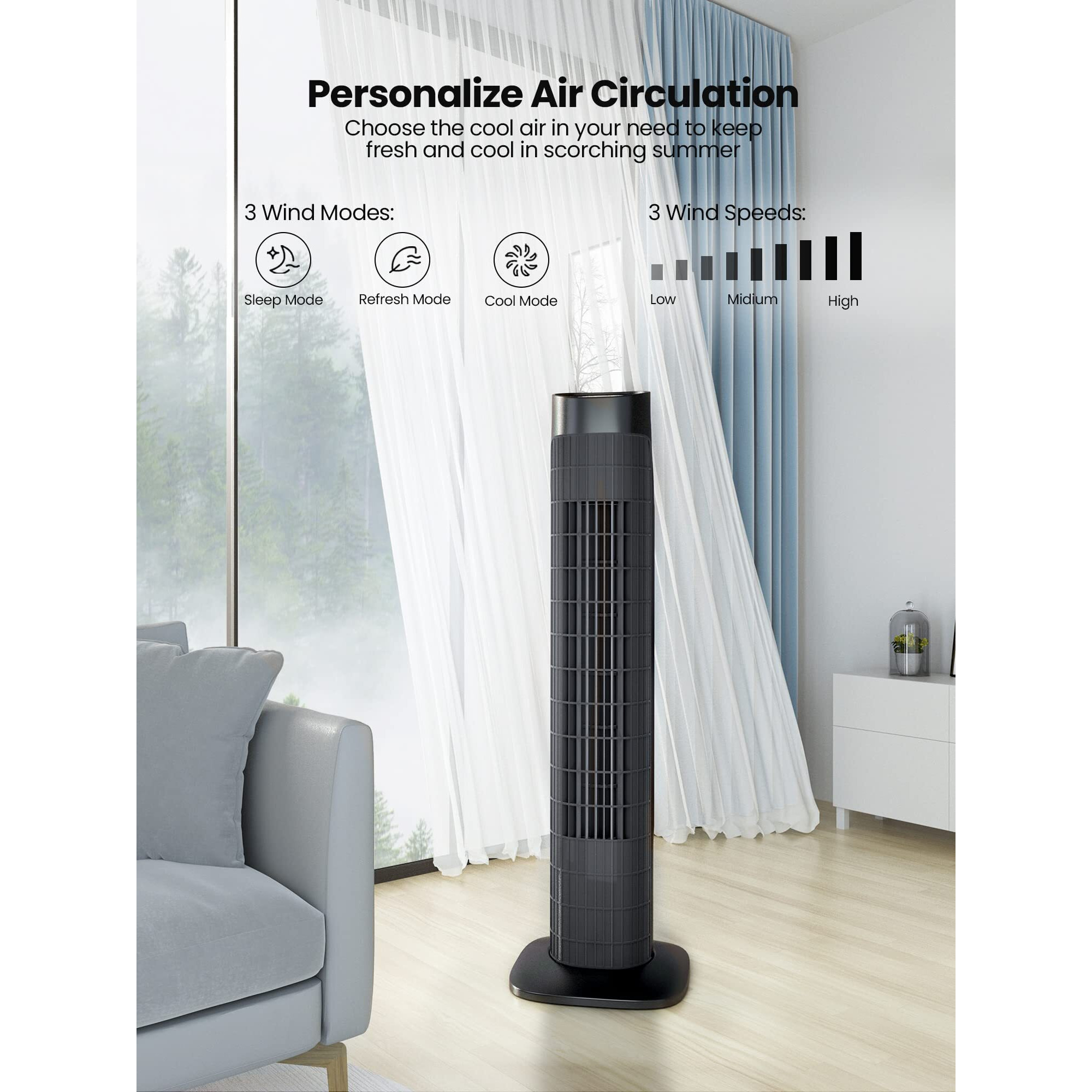 Uthfy Tower Fan For Bedroom,Fans That Blow Cold Air,80 Oscillating Fan With Remote,7.5H Timer,3 Speeds,Standing Fan Bladeless Fan Cooling Fan For Room Office 32 Inch