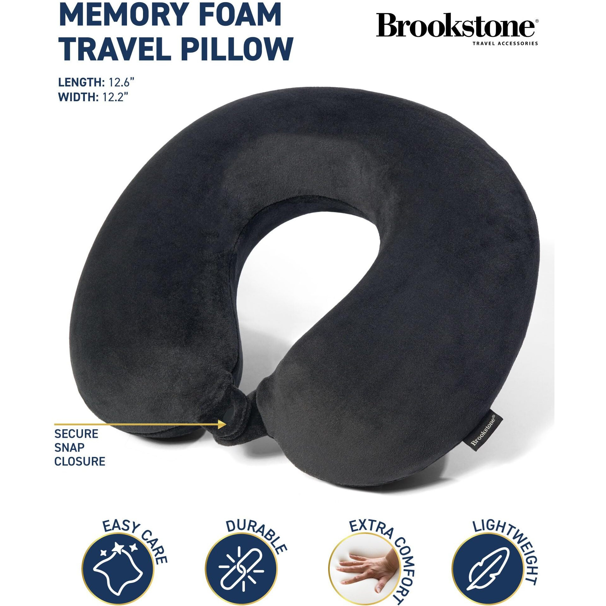 Broosktone Travel Neck Pillow - Lightweight Fleece Casing Extra Comfort Memory Foam - U-Shaped Neck Pillow For Travelling, Black