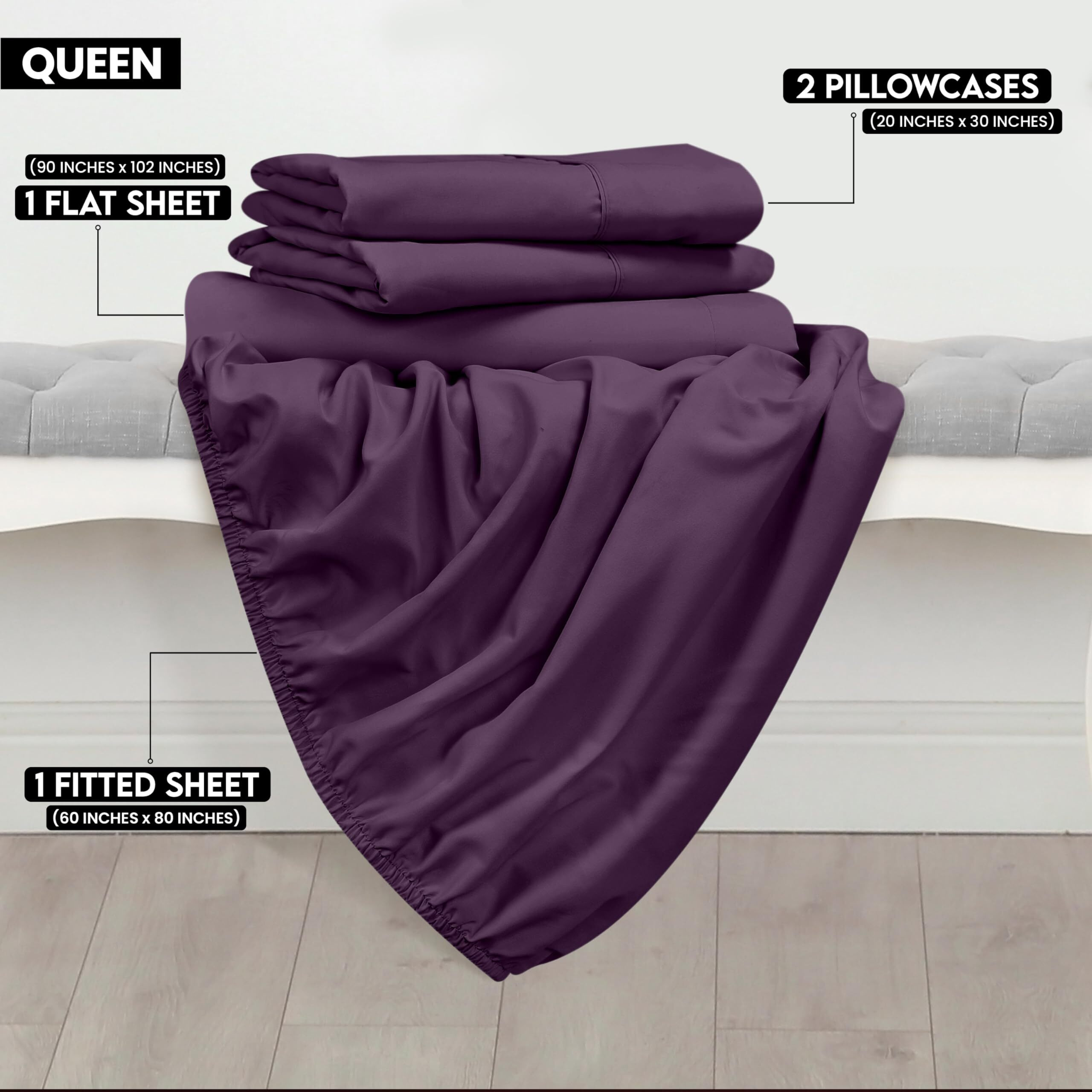Utopia Bedding Queen Sheet Set - Brushed Microfiber - Soft Bed Sheets For Queen Size Bed Set - Luxury Bedding Sheets With Fitted Sheet, Flat Sheet & 2 Pillow Cases - Deep Pocket (Purple)