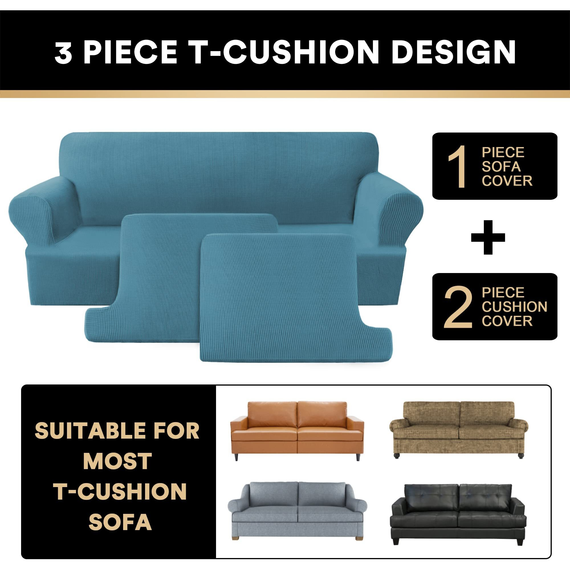 Princedeco T Cushion Loveseat Slipcover 3 Pieces Sofa Covers For T Cushion Sofa Stretch Sofa Covers For 2 Cushion Couch With 2 Individual T Cushion Shape Seat Covers Machine Washable, Storm Blue