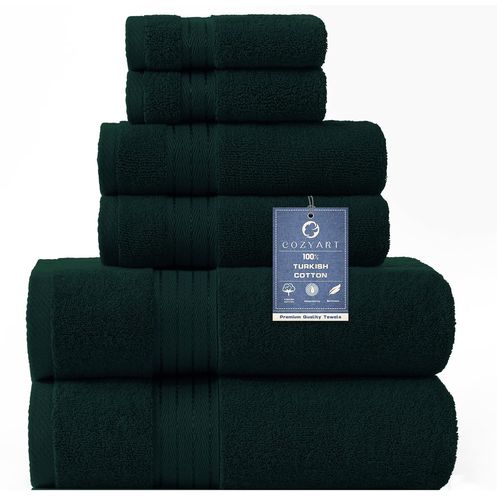 Cozyart Deep Green Bath Towels Set, Deep Dark Green Cotton Bath Towels For Bathroom, Thick Bathroom Towels Set Of 6 With 2 Bath Towels, 2 Hand Towels, 2 Washcloths, 650 Gsm
