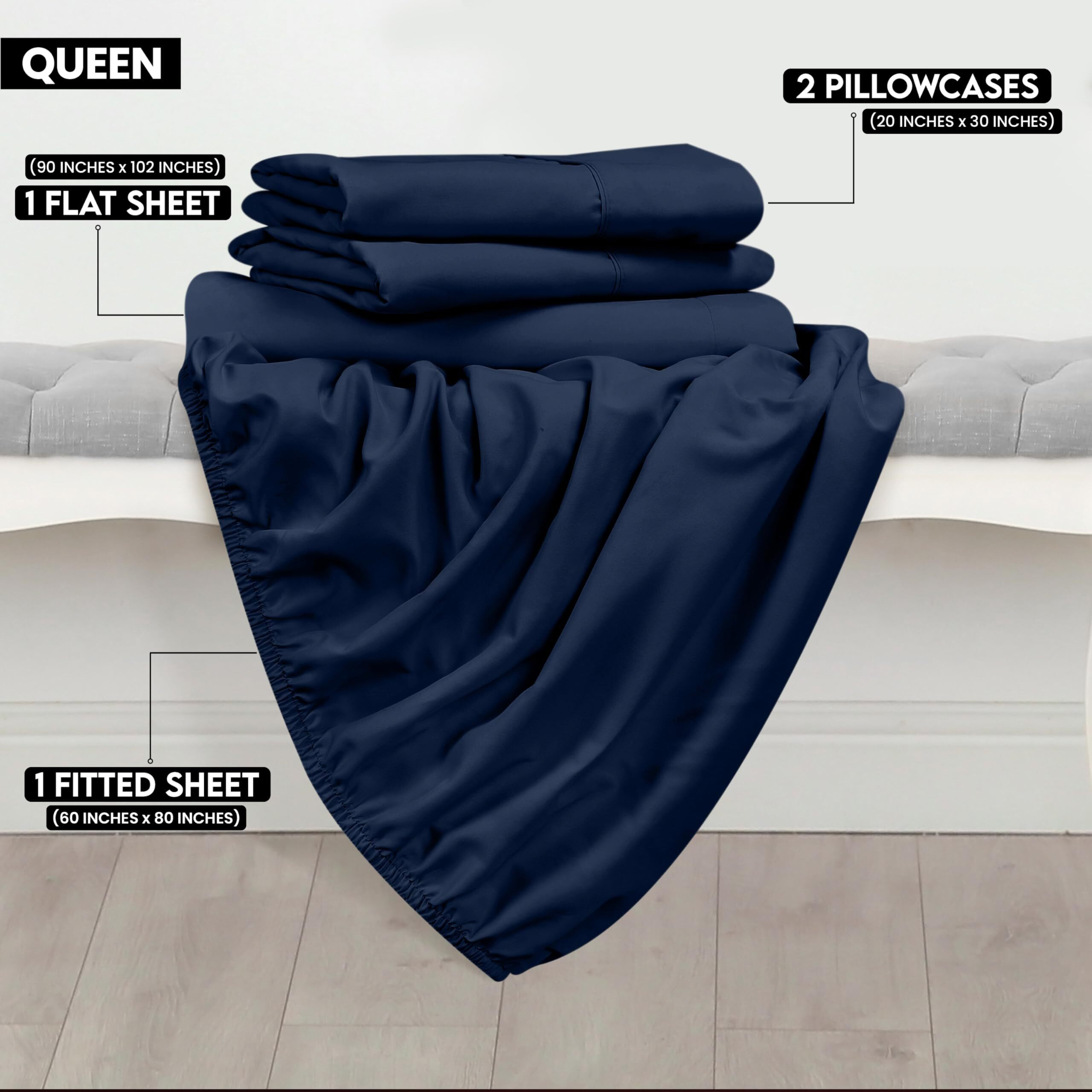 Utopia Bedding Queen Sheet Set - Brushed Microfiber - Soft Bed Sheets For Queen Size Bed Set - Luxury Bedding Sheets With Fitted Sheet, Flat Sheet & 2 Pillow Cases - Deep Pocket (Navy)