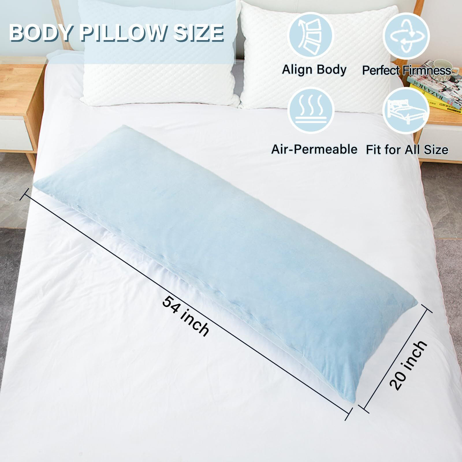 1 Middle One Body Pillow, Memory Foam Body Pillows For Adults Sleeping, Long Pillow For Bed, Big Large Firm Full Body Pillow For Side Sleeper With Velvet Cover, 54X20 Inches, Light Blue