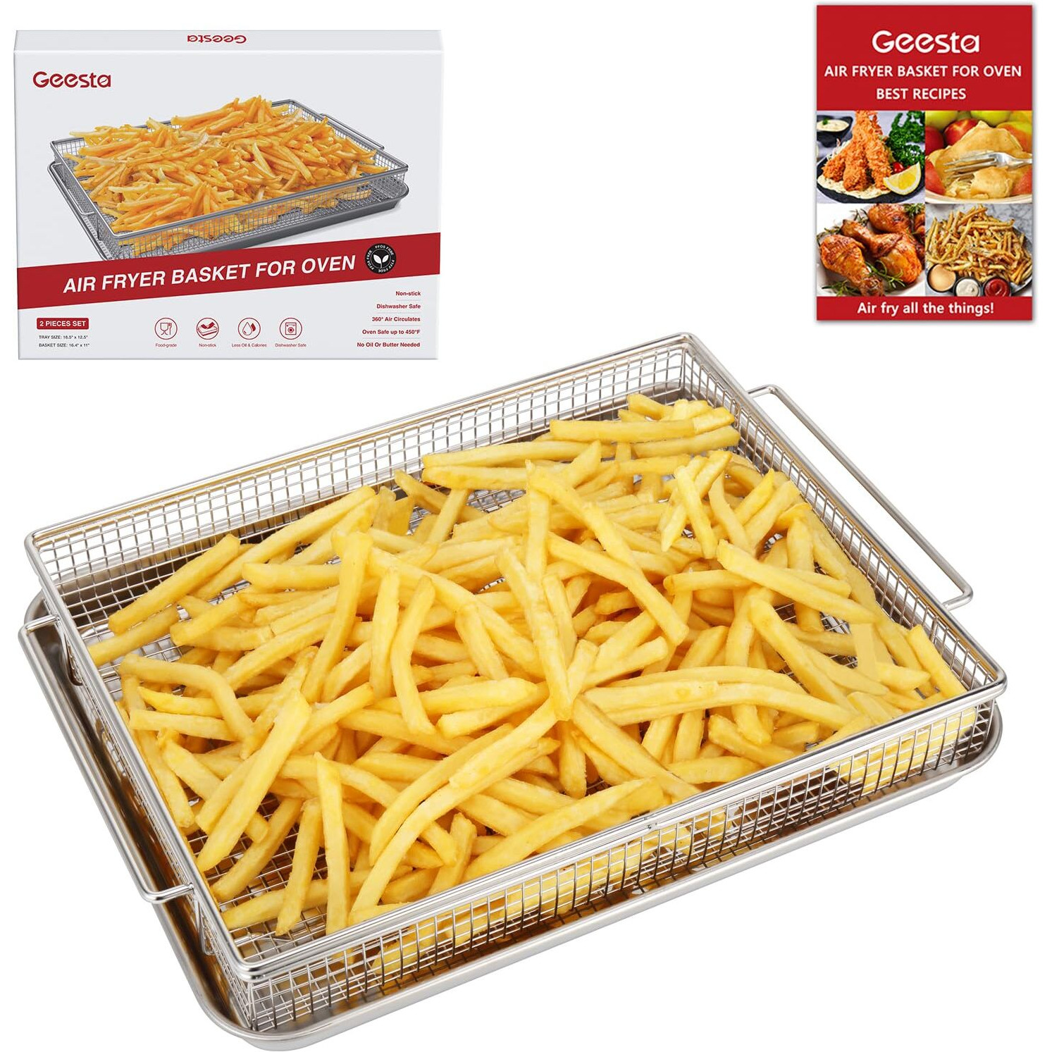Geesta Air Fryer Basket For Oven With 50 Recipes, 2 Piece Nonstick Crisper Tray & Basket, Stainless Steel Air Fryer Accessories For Crispy Foods Healthy Cooking, Dishwasher Safe, 12.5    X 9.5
