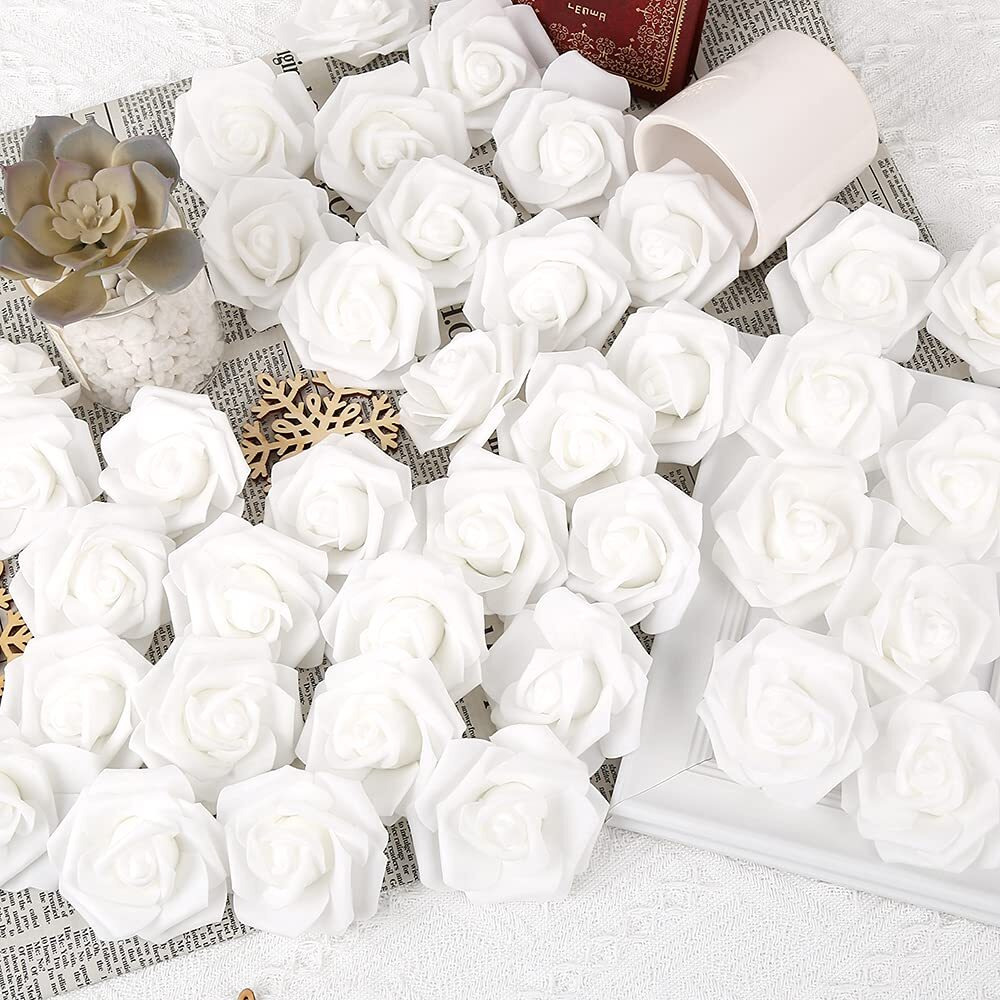 Insunsix Artificial Rose Flower Heads, 100Pcs White Foam Roses Artificial Flower Heads Fake Rose For Diy Wedding Bouquets Centerpieces Arrangements Party Baby Shower Home Decor (Stemless,White)