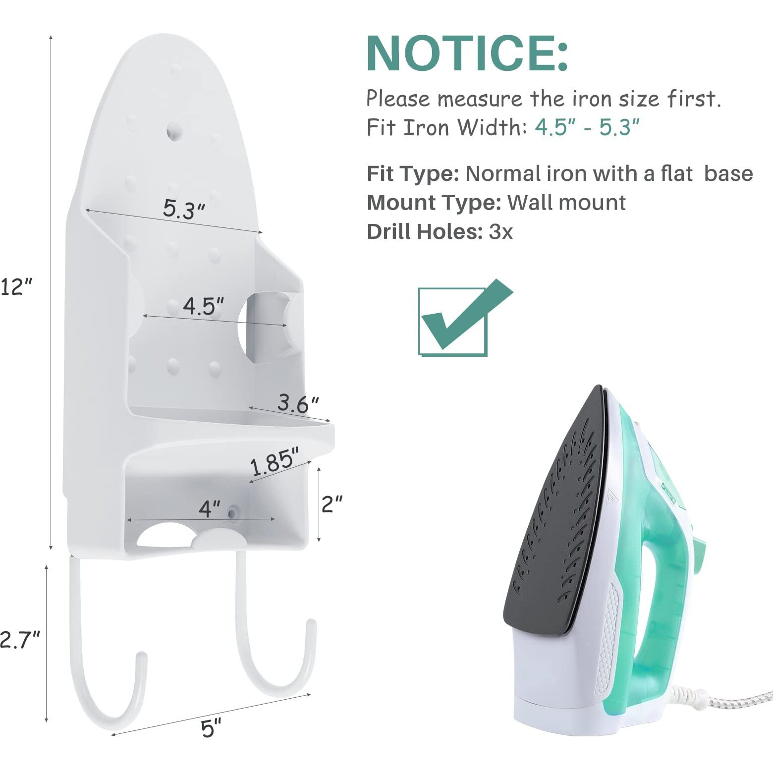 Ironing Board Hanger Wall Mount, Iron Hanger With Ironing Board Rack, Heat Resistant Iron Holder Wall Mount For Max 5 Inch Width (White)