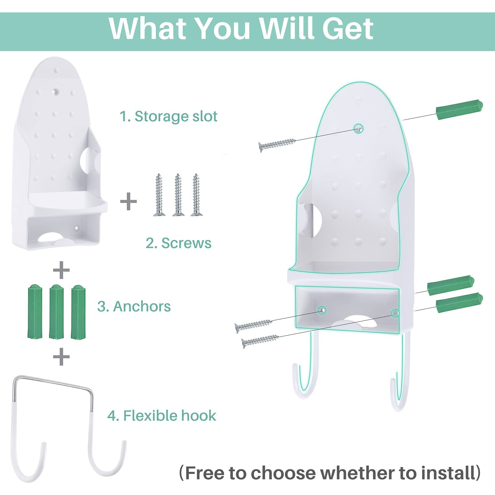Ironing Board Hanger Wall Mount, Iron Hanger With Ironing Board Rack, Heat Resistant Iron Holder Wall Mount For Max 5 Inch Width (White)