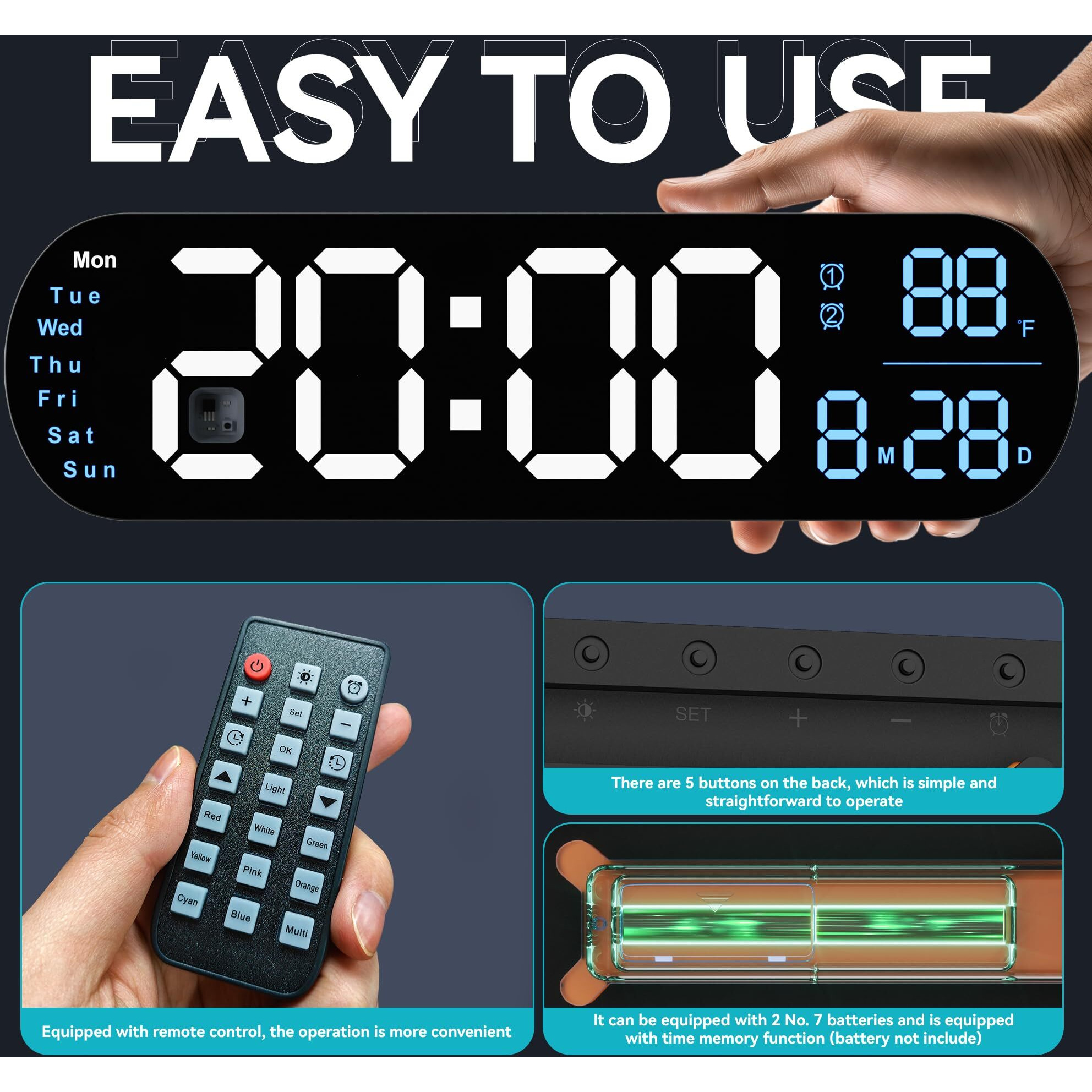 13.7 Inch Wall Clocks, Large Digital Wall Clock With Timer Remote Control Automatic Brightness Dimmer Rgb Night Light Dual Alarm, Wall Clocks For Living Room Decor, Decor, Gift, Colorful