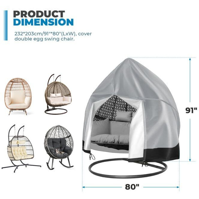 Patio Hanging Double Egg Chair Cover, 91X80 Inches Extra Large Waterproof Double Egg Chair Cover For Outdoor Furniture, Heavy Duty Swing Hanging Egg Chair Cover For Outdoor Porch Wicker Egg Chair