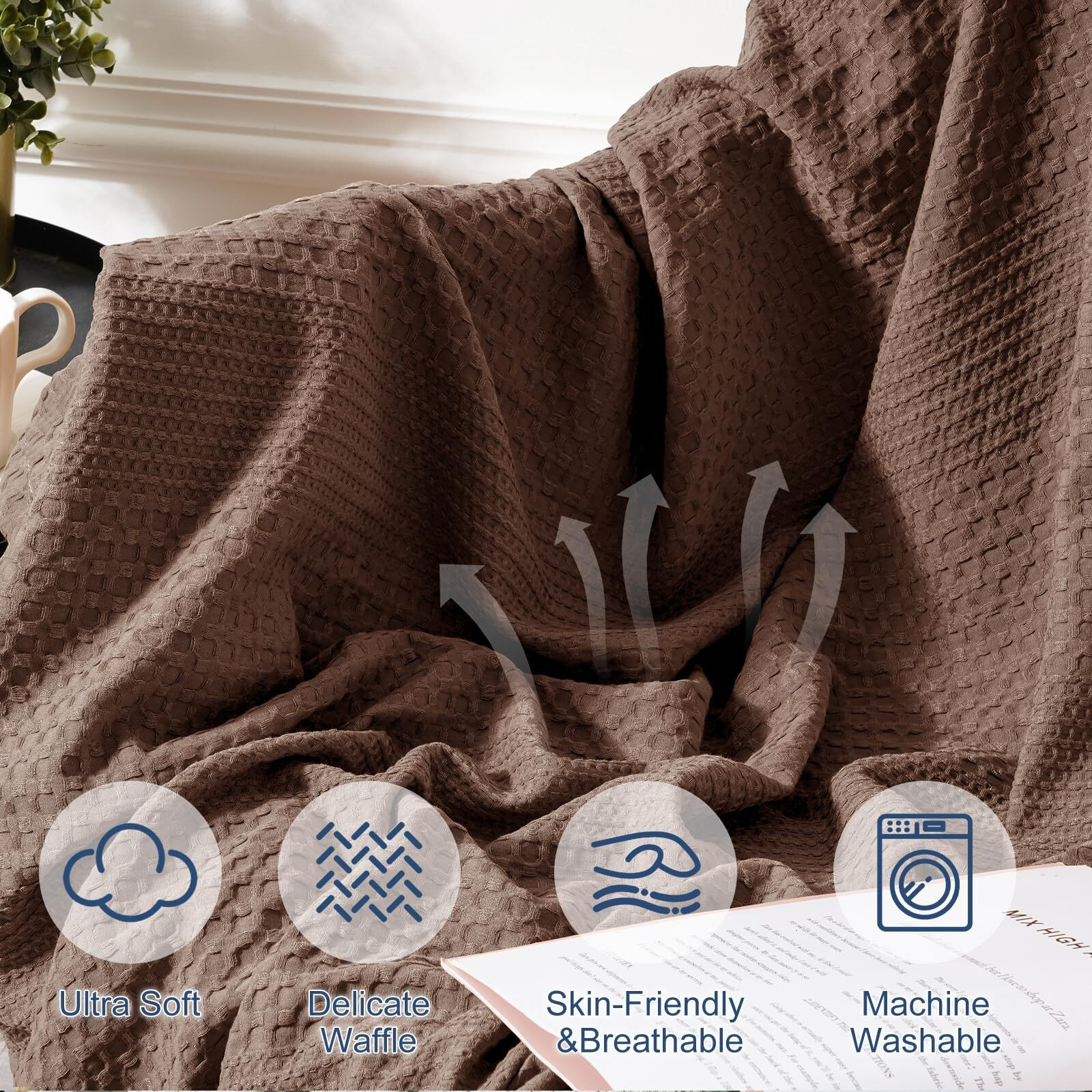 David's Home Ultra Soft Waffle Weave Blanket Queen Size, Lightweight Breathable Durable Skin-Friendly Throw For All Season, Elegant Layering For Home Decor, Couch Bed Sofa Travel,Cocoa Brown,90"" X 90""