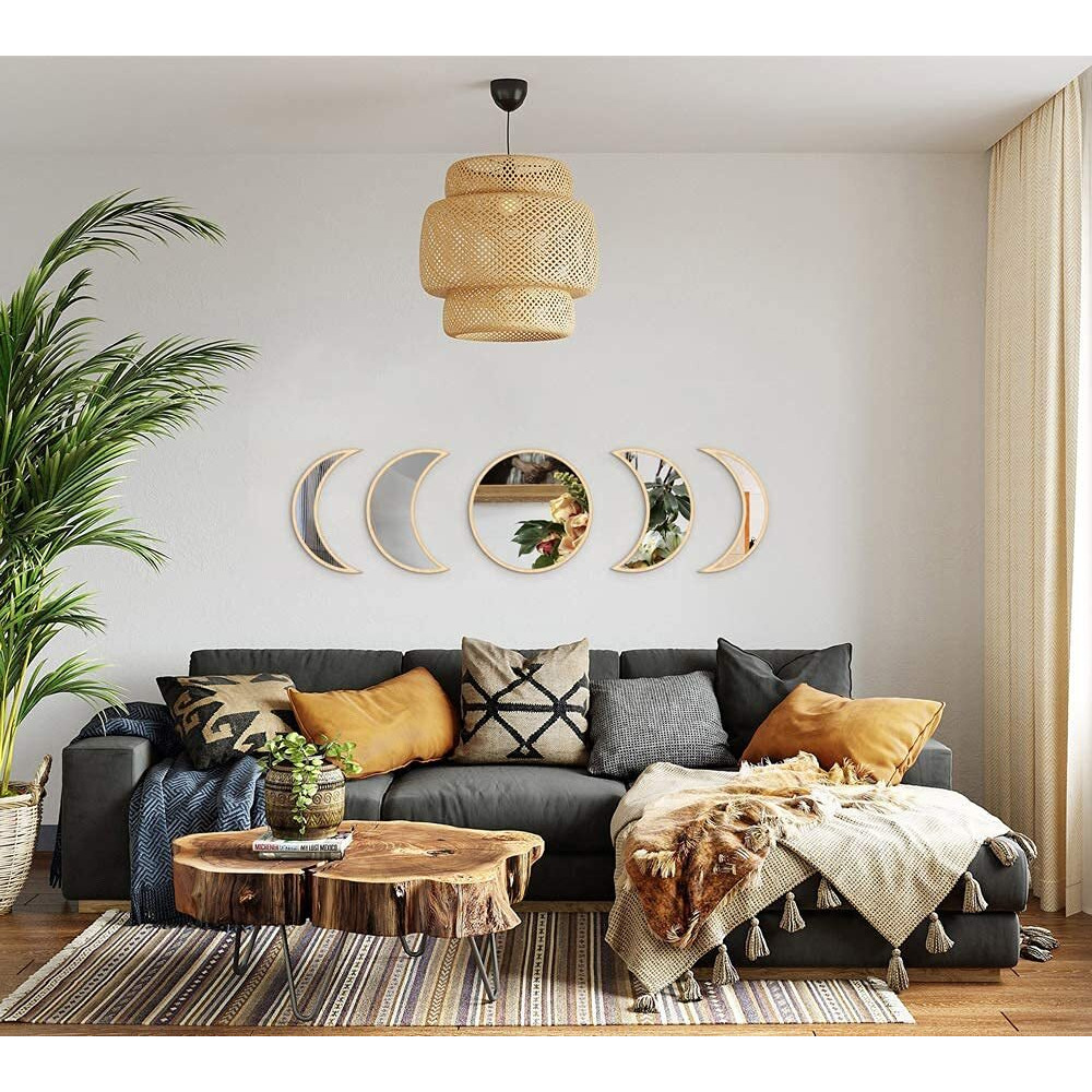 Maxrock Moon Phase Mirror Set, 5 Piece Scandinavian Natural Decor Wall Decorative Acrylic Mirror Bohemian Moon Mirror For Living Room Bedroom, Home , Not Real Mirror
