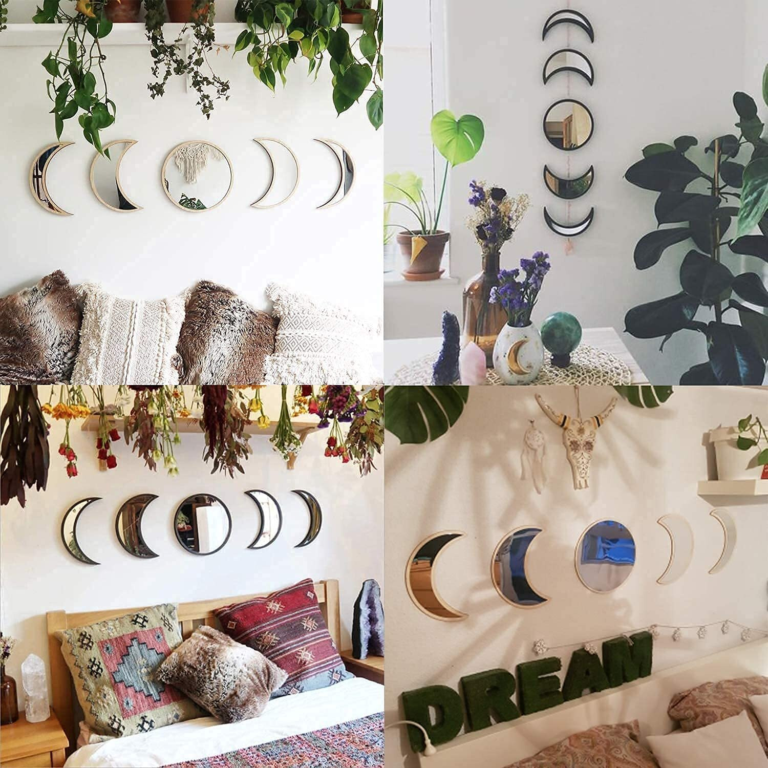 Maxrock Moon Phase Mirror Set, 5 Piece Scandinavian Natural Decor Wall Decorative Acrylic Mirror Bohemian Moon Mirror For Living Room Bedroom, Home , Not Real Mirror