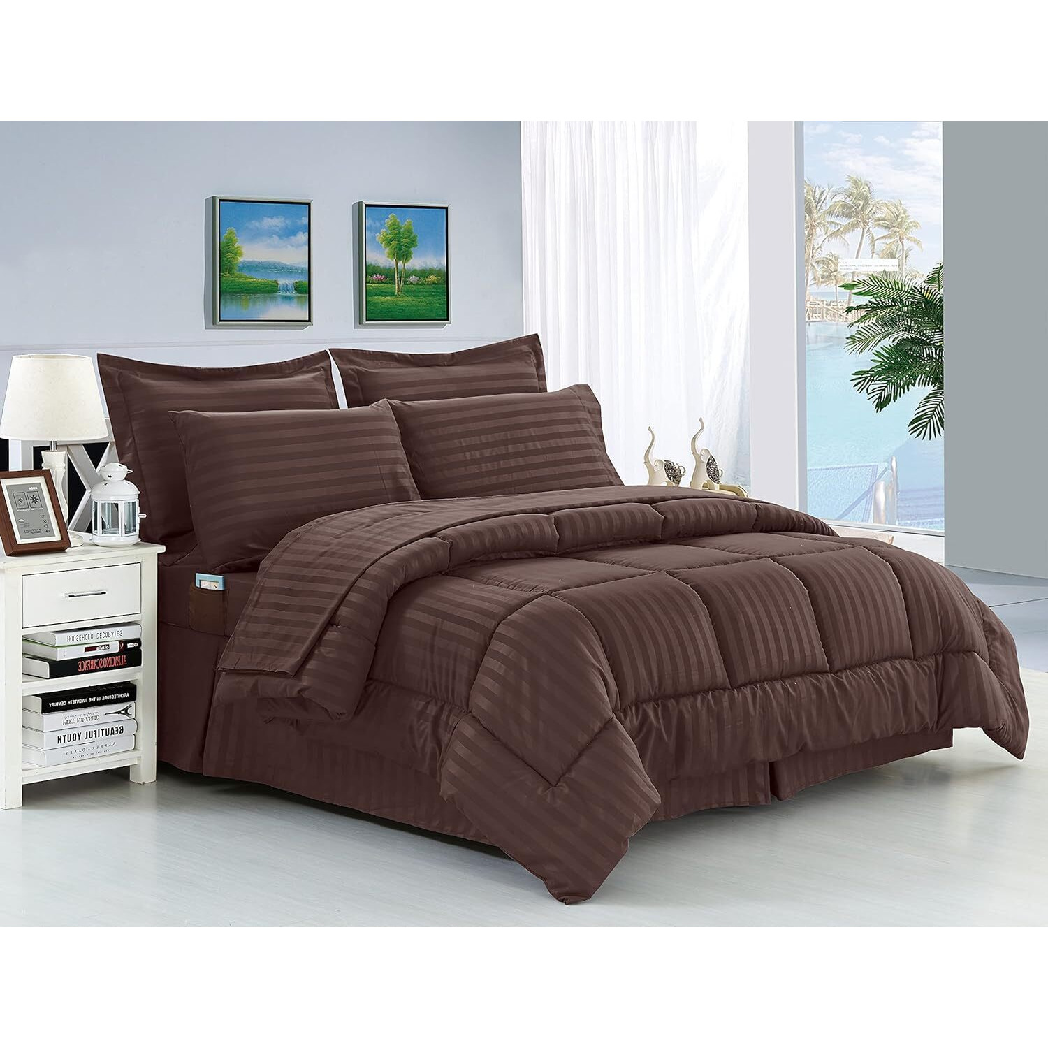 Elegant Comfort Wrinkle Resistant - Silky Soft Dobby Stripe Bed-In-A-Bag 8-Piece Comforter Set - King Chocolate
