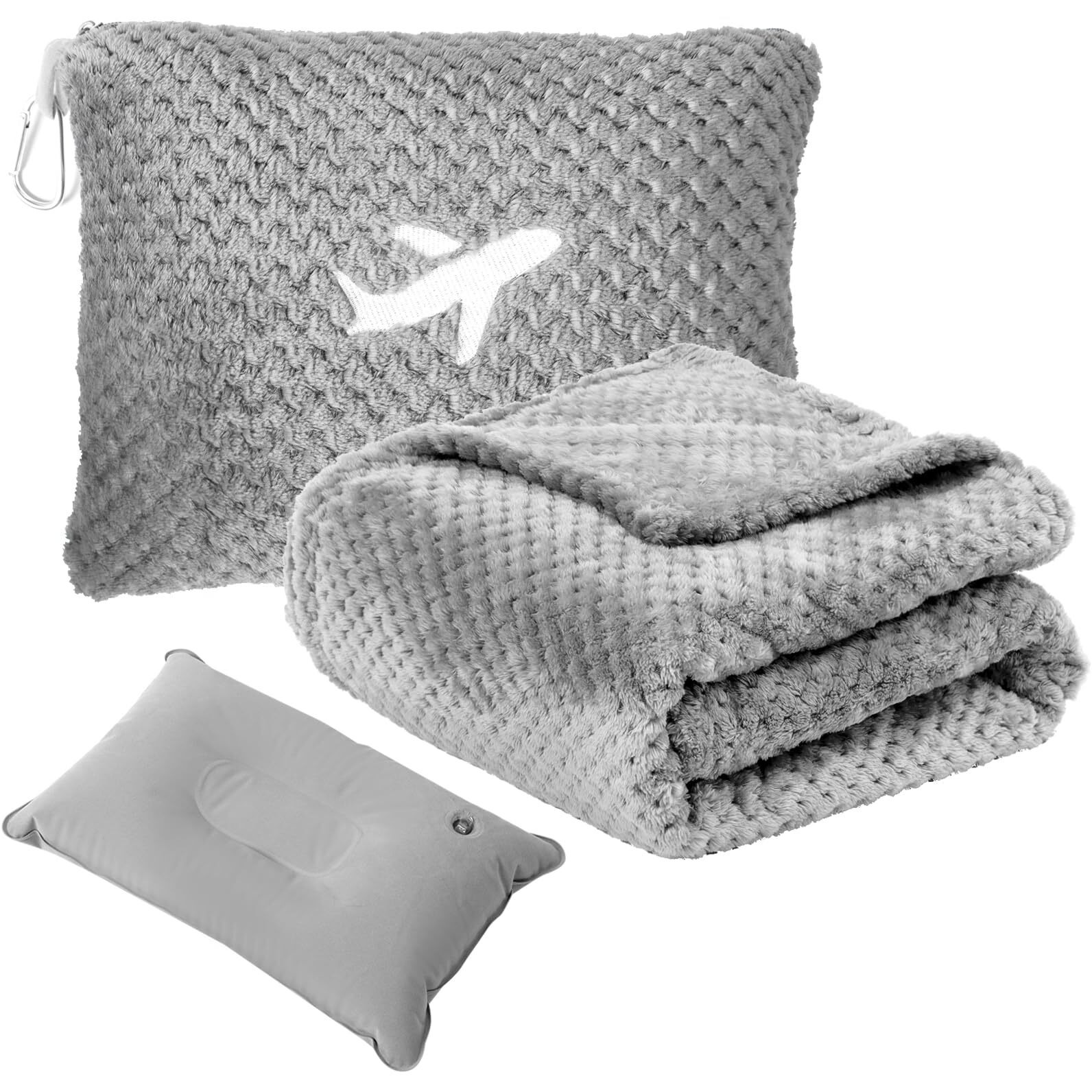 Nenolix 3 In 1 Travel Pillow And Blanket Set - 280 Gsm Travel Blanket Airplane Compact With Bag, Inflatable Travel Pillow, Packable Airplane Blanket, Luggage Sleeve & Backpack Clip (Light Grey)