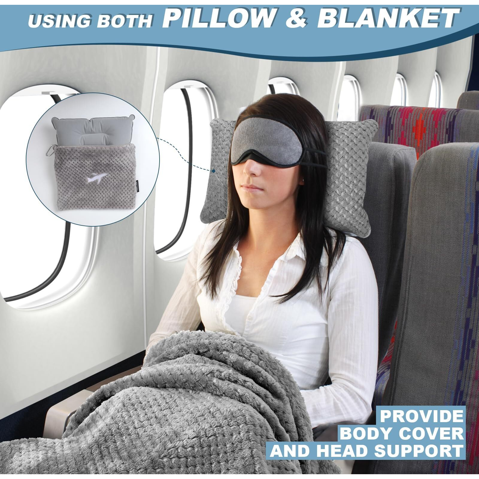 Nenolix 3 In 1 Travel Pillow And Blanket Set - 280 Gsm Travel Blanket Airplane Compact With Bag, Inflatable Travel Pillow, Packable Airplane Blanket, Luggage Sleeve & Backpack Clip (Light Grey)