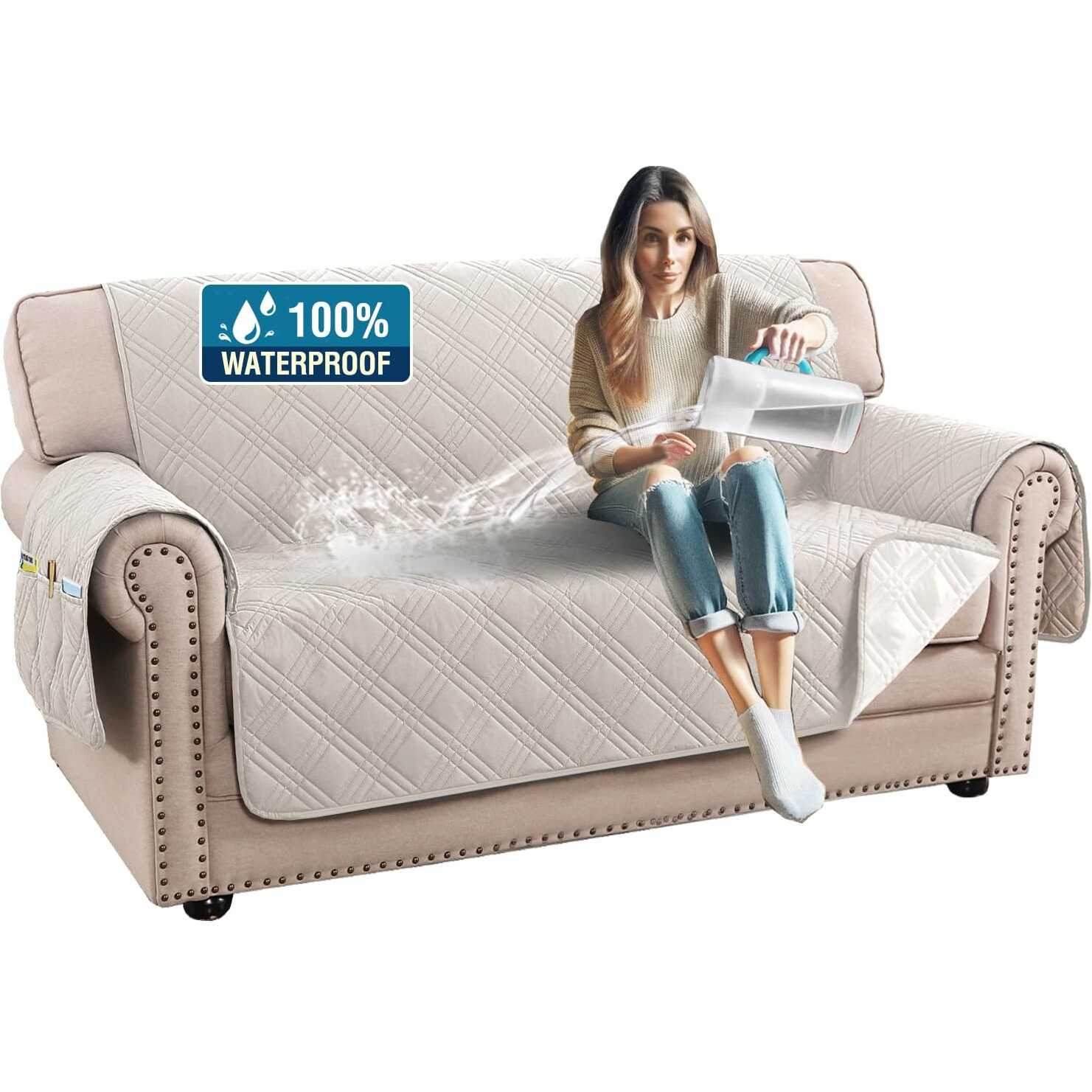 H.Versailtex 100% Waterproof Couch Cover 2 Cushion Sofa Modern Sofa Covers Waterproof And Washable Thick Soft Couch Cover For Dogs With Elastic Straps (Loveseat, French Oak/Beige)