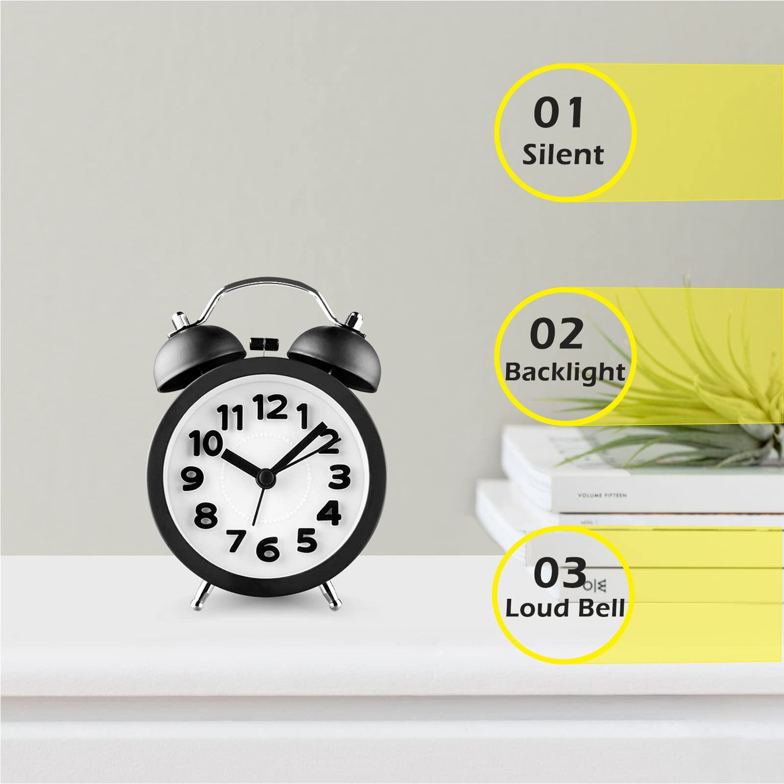 Pilife 3"" Small Loud Alarm Clock For Heavy Sleepers, Twin Bell Alarm Clock Battery Operated, Analog Alarm Clock With Light For Bedroom,Black