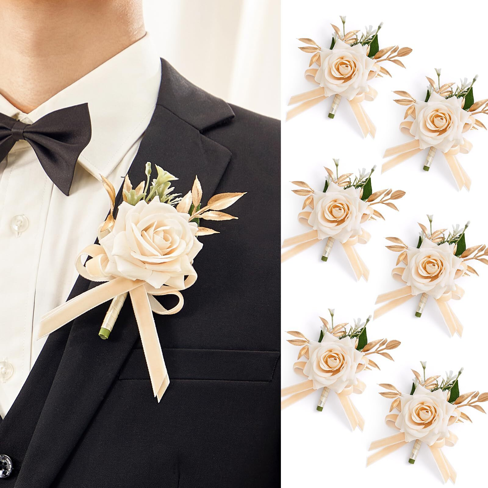 Serwalin 6 Pcs Champagne Boutonniere For Men Wedding, Groom And Best Man Boutonniere With Silk Rose Ceremony Anniversary Formal Dinner Party Artificial Flowers Prom Suit Decorations
