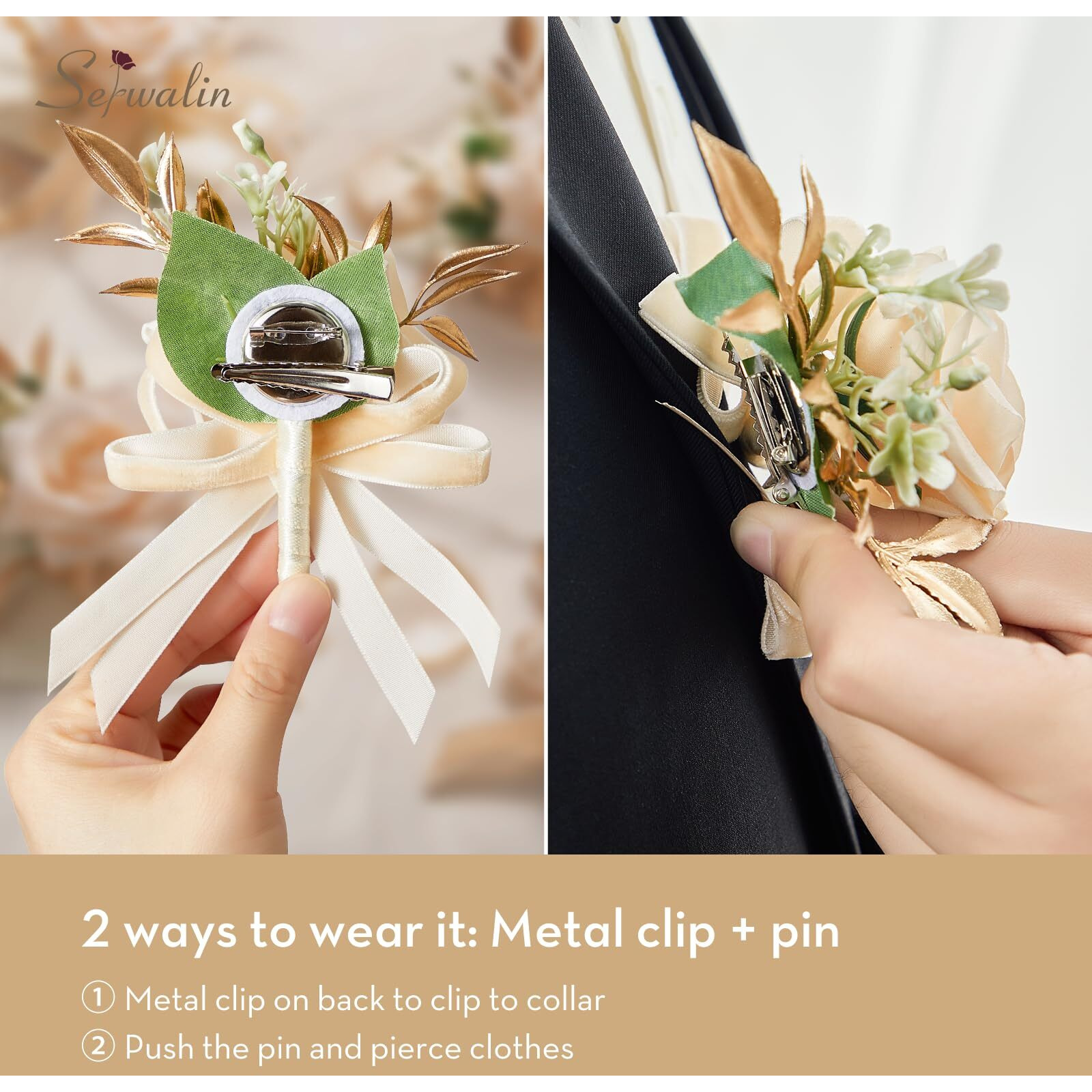 Serwalin 6 Pcs Champagne Boutonniere For Men Wedding, Groom And Best Man Boutonniere With Silk Rose Ceremony Anniversary Formal Dinner Party Artificial Flowers Prom Suit Decorations