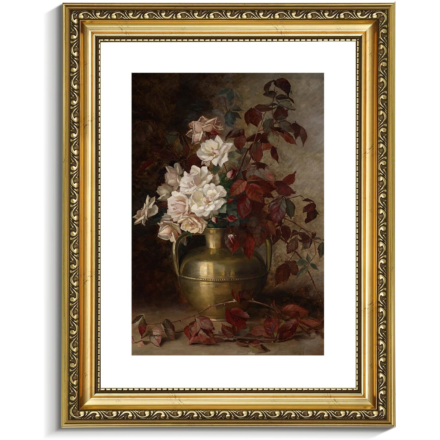 Viyyiea Gold Framed Floral Wall Art Decor, Living Room Bedroom Rose Bouquet Pictures Retro Wall Decor, Antique Picture Frame Canvas Prints Artwork, Vintage Flower Paintings,13X16 Inch