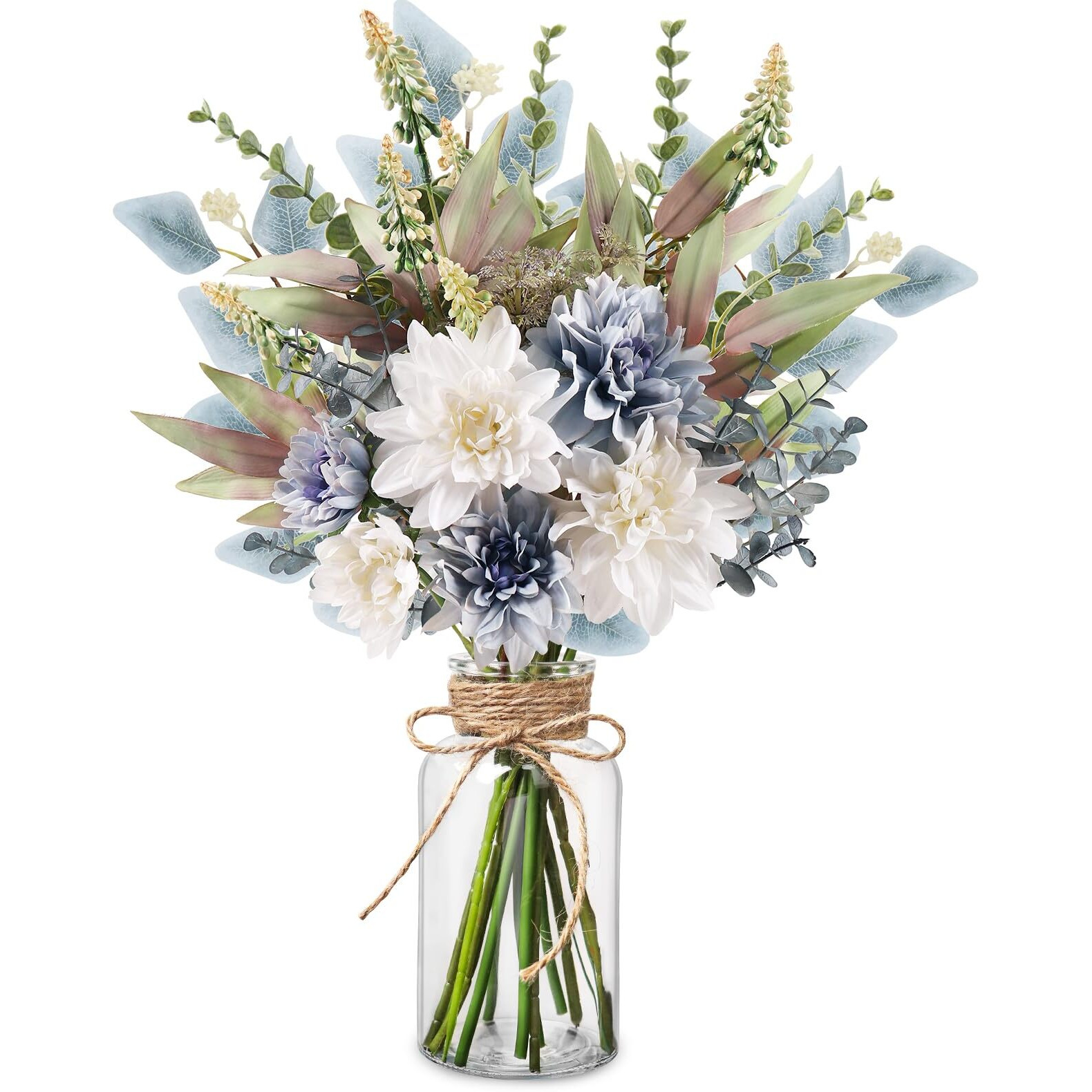 Fake Flowers Artificial Flowers With Vase, Faux Flowers In Vase, Floral Arrangements Artificial Plants Silk Flowers For Home Coffee Table Decor Indoor Centerpiece Dining Table Decorations (Blue White)
