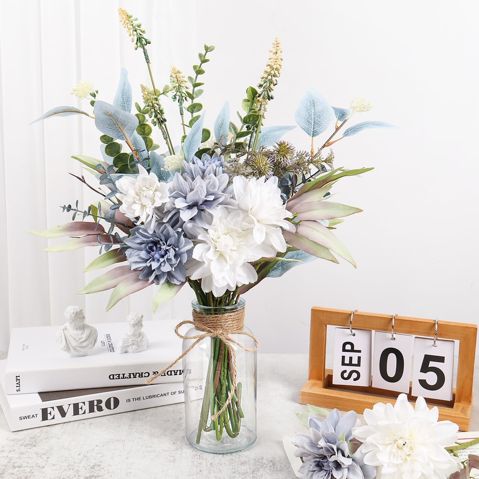 Fake Flowers Artificial Flowers With Vase, Faux Flowers In Vase, Floral Arrangements Artificial Plants Silk Flowers For Home Coffee Table Decor Indoor Centerpiece Dining Table Decorations (Blue White)