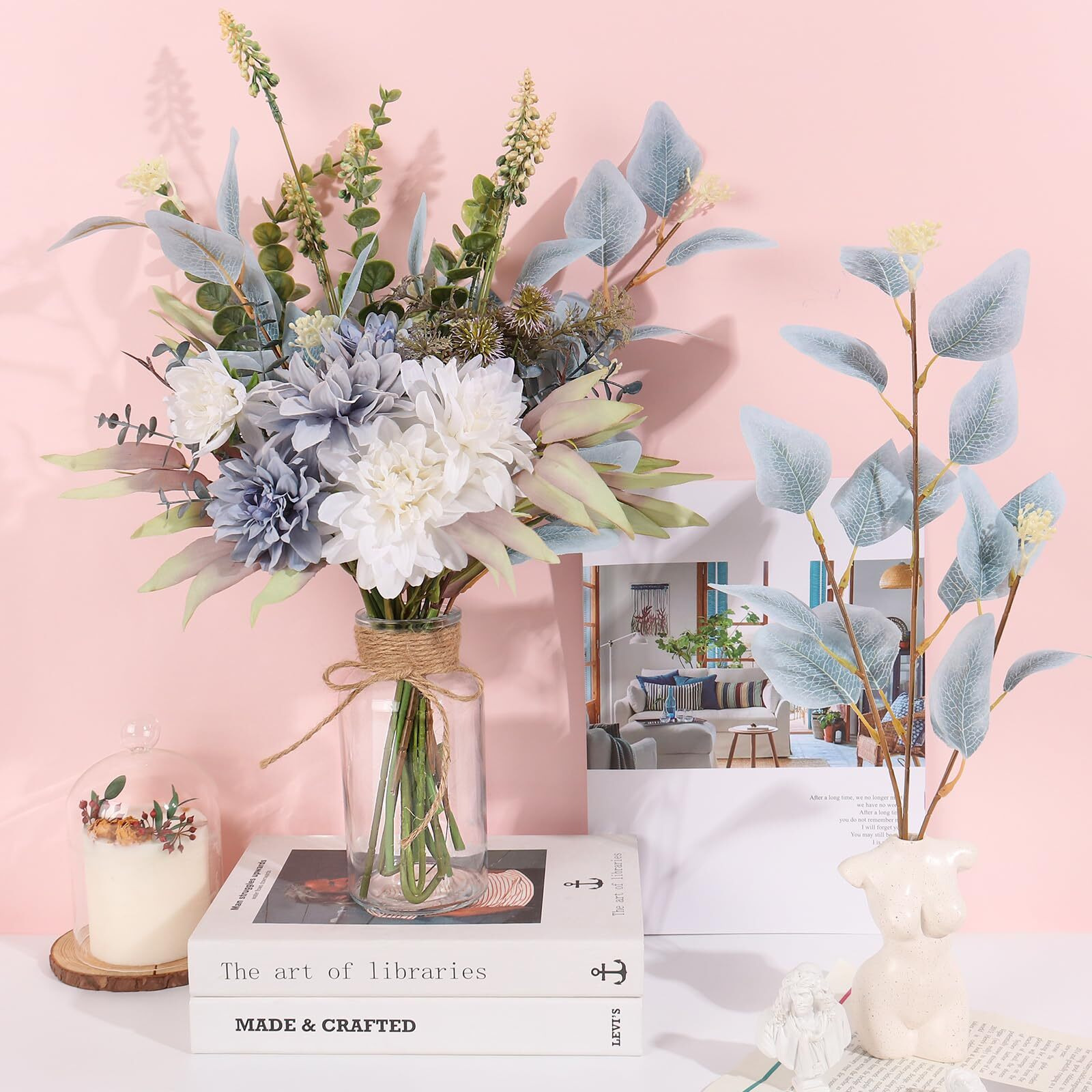 Fake Flowers Artificial Flowers With Vase, Faux Flowers In Vase, Floral Arrangements Artificial Plants Silk Flowers For Home Coffee Table Decor Indoor Centerpiece Dining Table Decorations (Blue White)