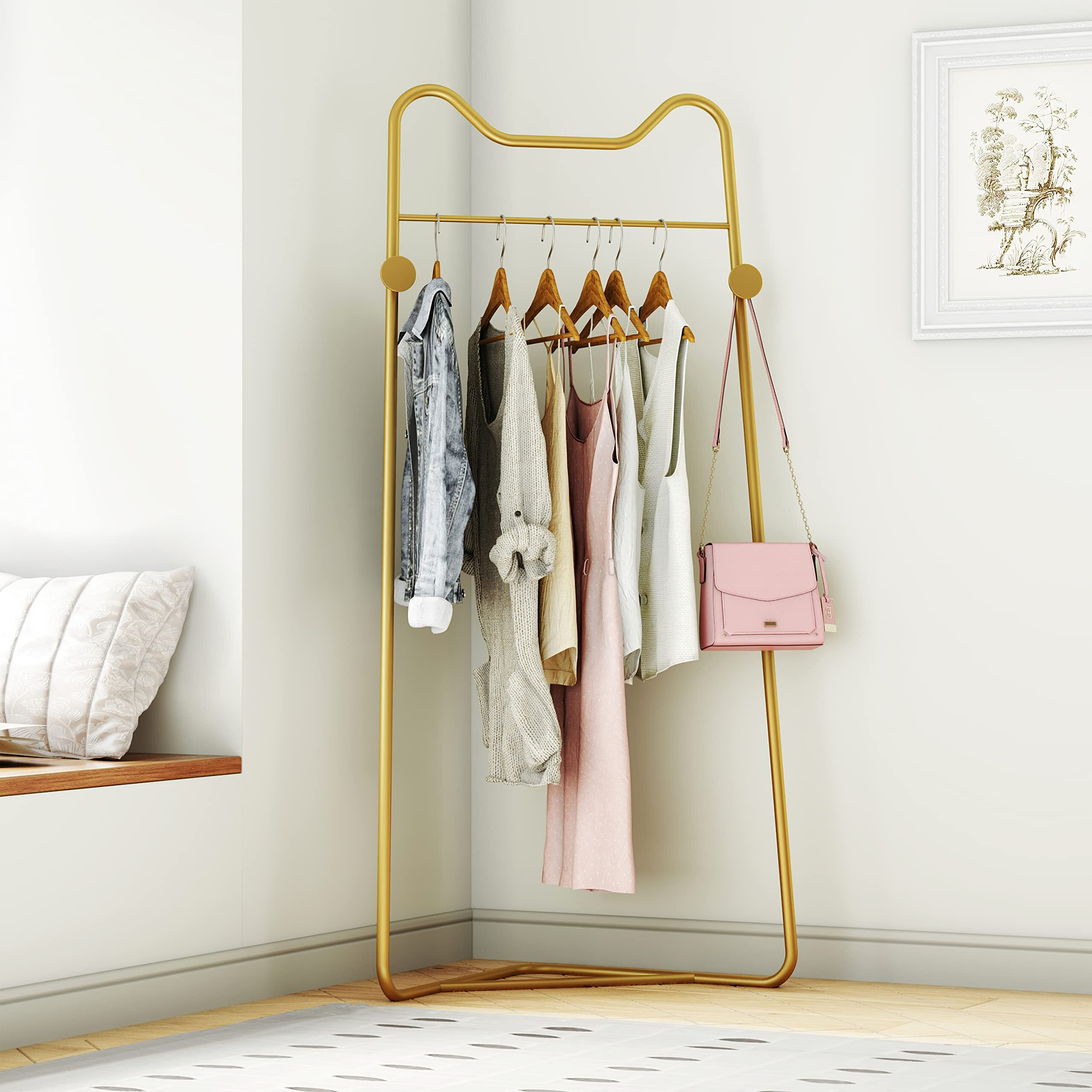 Hkaikzo Gold Metal Corner Coat Rack, Modern Clothing Rack Hall Tree With 2 Hooks For Clothes Hat Scarf, Freestanding Clothes Rack For Hallway Entryway, Bedroom, Living Room