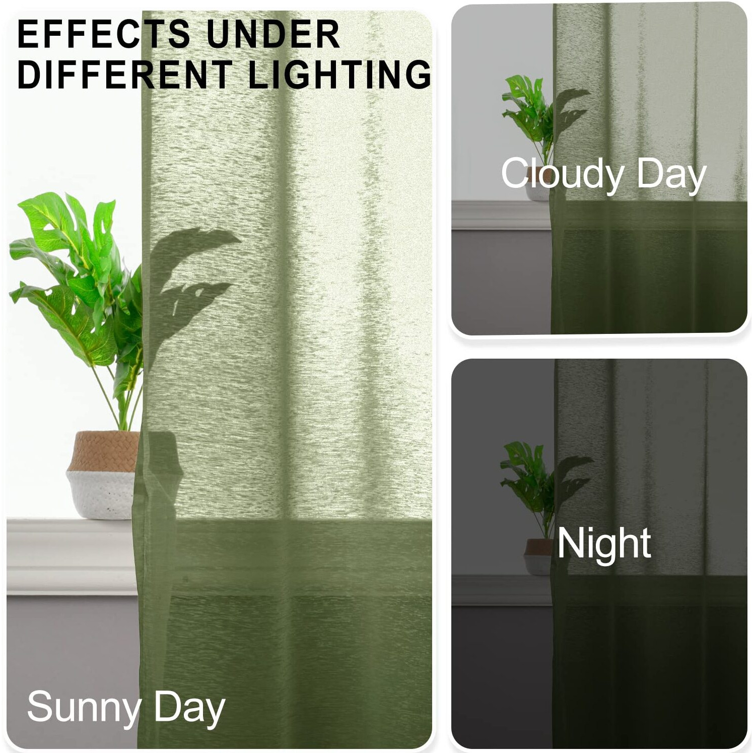 Jiuzhen Semi Sheer Curtains For Living Room - 90 Inches Long With Tiebacks Light Filtering Grommet Window Curtains For Bedroom/Office, 52Wx 90L, Set Of 2 Panels,Olive Green
