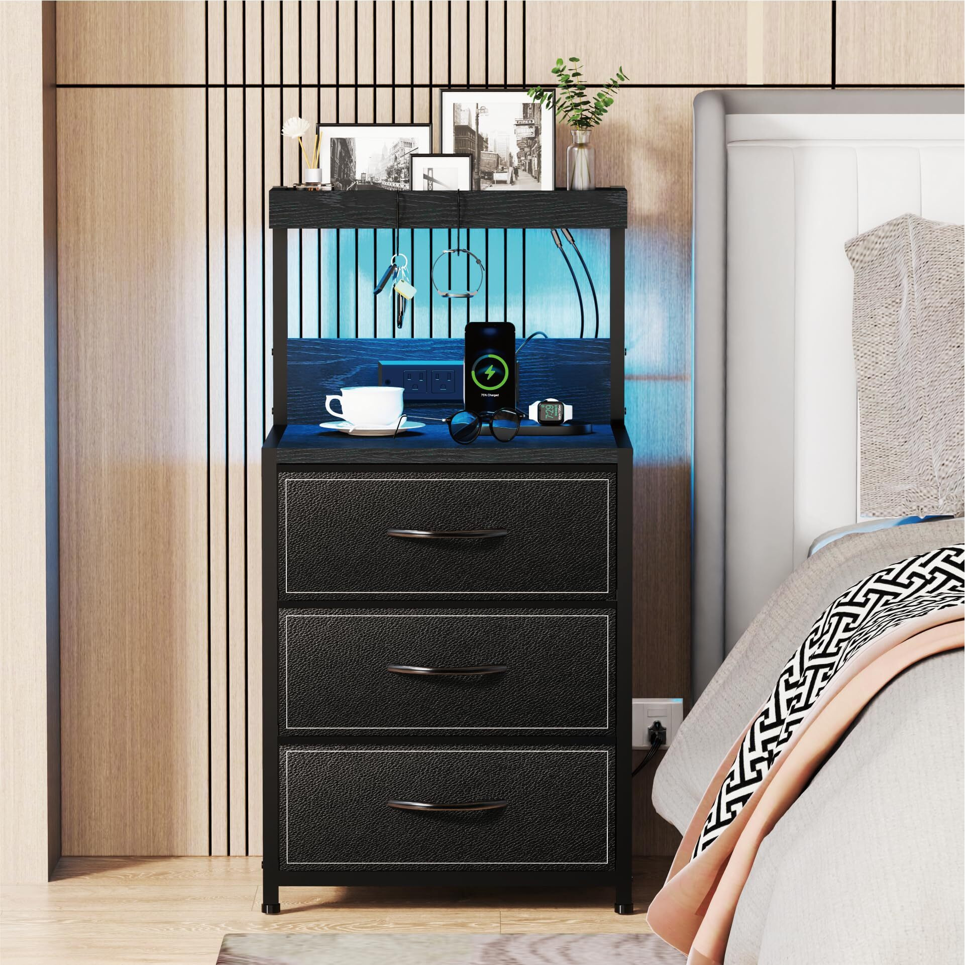 Szlhanjz Led Nightstand Set Of 2, Dresser Nightstand With 3 Drawers And Type C Charging Station, Storage End Table With Shelf And Hooks, Large Bedside Table For Dorm Bedroom, Black