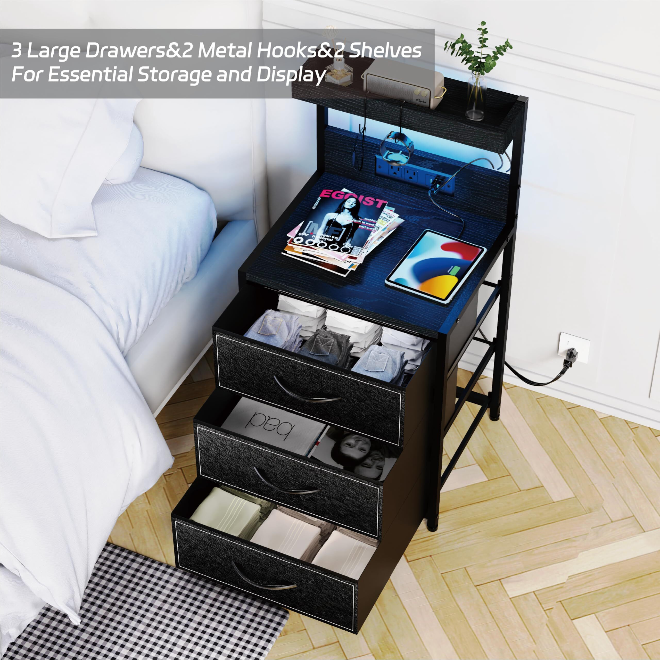 Szlhanjz Led Nightstand Set Of 2, Dresser Nightstand With 3 Drawers And Type C Charging Station, Storage End Table With Shelf And Hooks, Large Bedside Table For Dorm Bedroom, Black