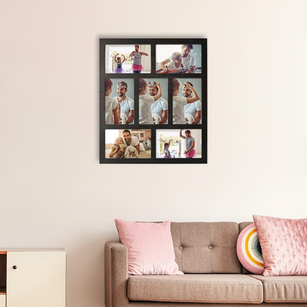Mont Pleasant Picture Frame Collage Wall Decor, 4X6 Photos Display - 7 Openings Photo Collage Picture Frame For Tabletop Stand And Wall Mounting Frames Collage Set For Home Lving Room Family Gifts (Black)