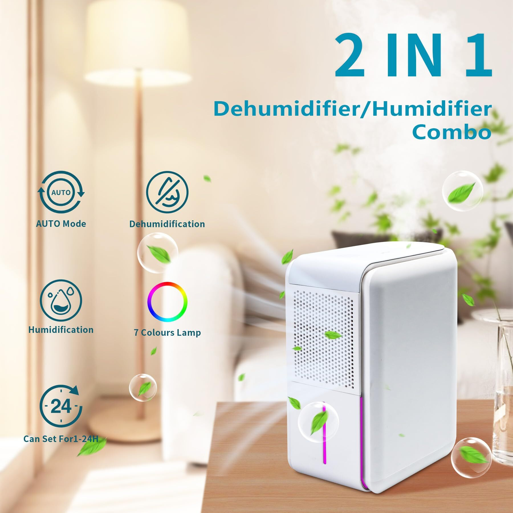 Hoomace 2 In 1 Small Humidifier Dehumidifier Combo, Humidifiers Dehumidifier For Home Bedroom With Drain Hose Temperature Display,4 Modes,7 Color Led Lights,Timer Set