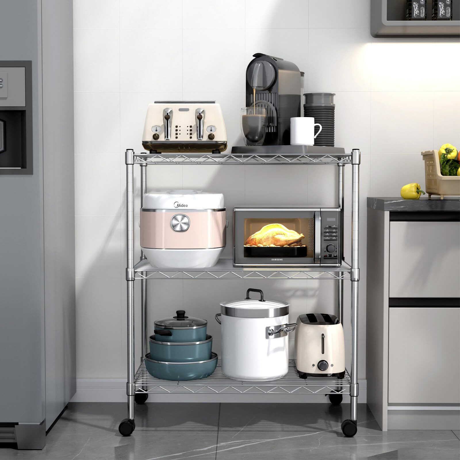 Simple Deluxe Heavy Duty 3-Shelf Shelving With Wheels, Adjustable Storage Units, Steel Organizer Wire Rack, 24.02   L X 13.78W X 31.89   H, Chrome, Hkshlf23133003Cpc