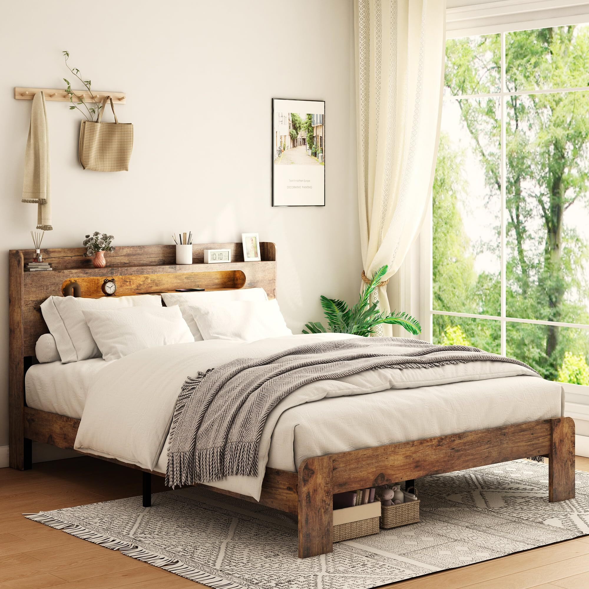 Samtra Wooden Queen Size Bed Frame With Storage Headboard, Farmhouse Platform Bedframe With Charging Station & Led Lights, Sturdy Wood Slat Framework, Easy Assembly (Rustic Brown Led)