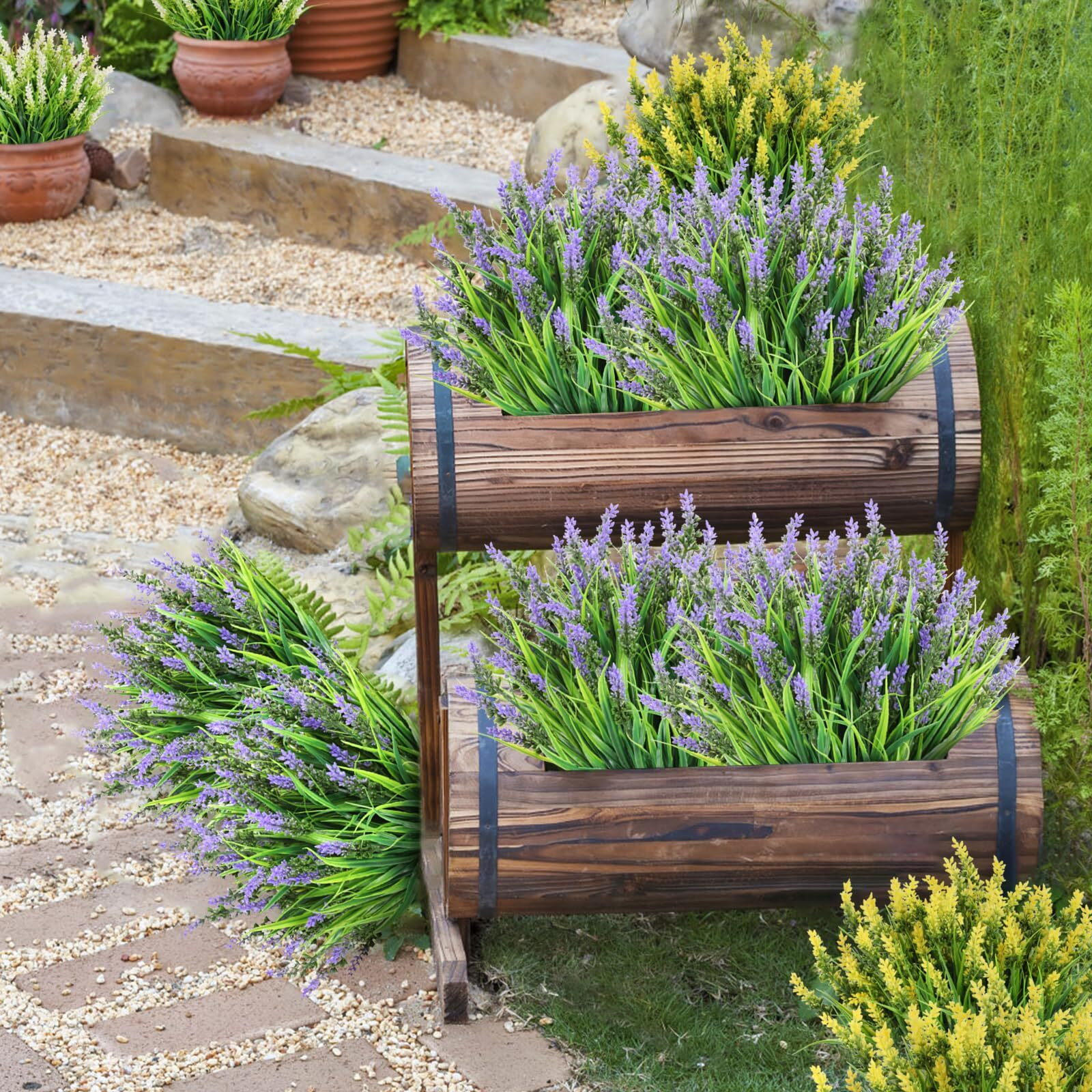 N&T Nietin 6 Bundles Artificial Plants Outdoor, Fake Monkey Grass With Flowers, Uv Resistant Fake Plants For Garden Window Office Patio Hanging Planter Pathway Front Porch Home(Purple)