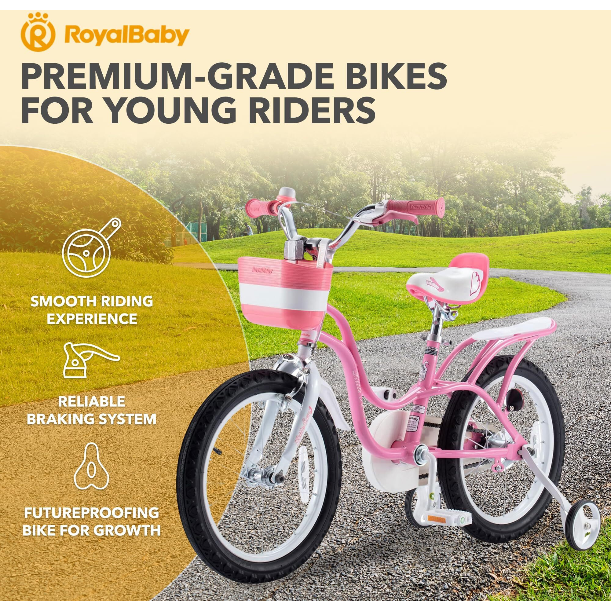 Royalbaby Princess Girl Children's Bicycle Outdoor Ride-On Bike With Training Wheels, Adjustable Seat, And Basket, 14 Inch, Swan/Classic Pink