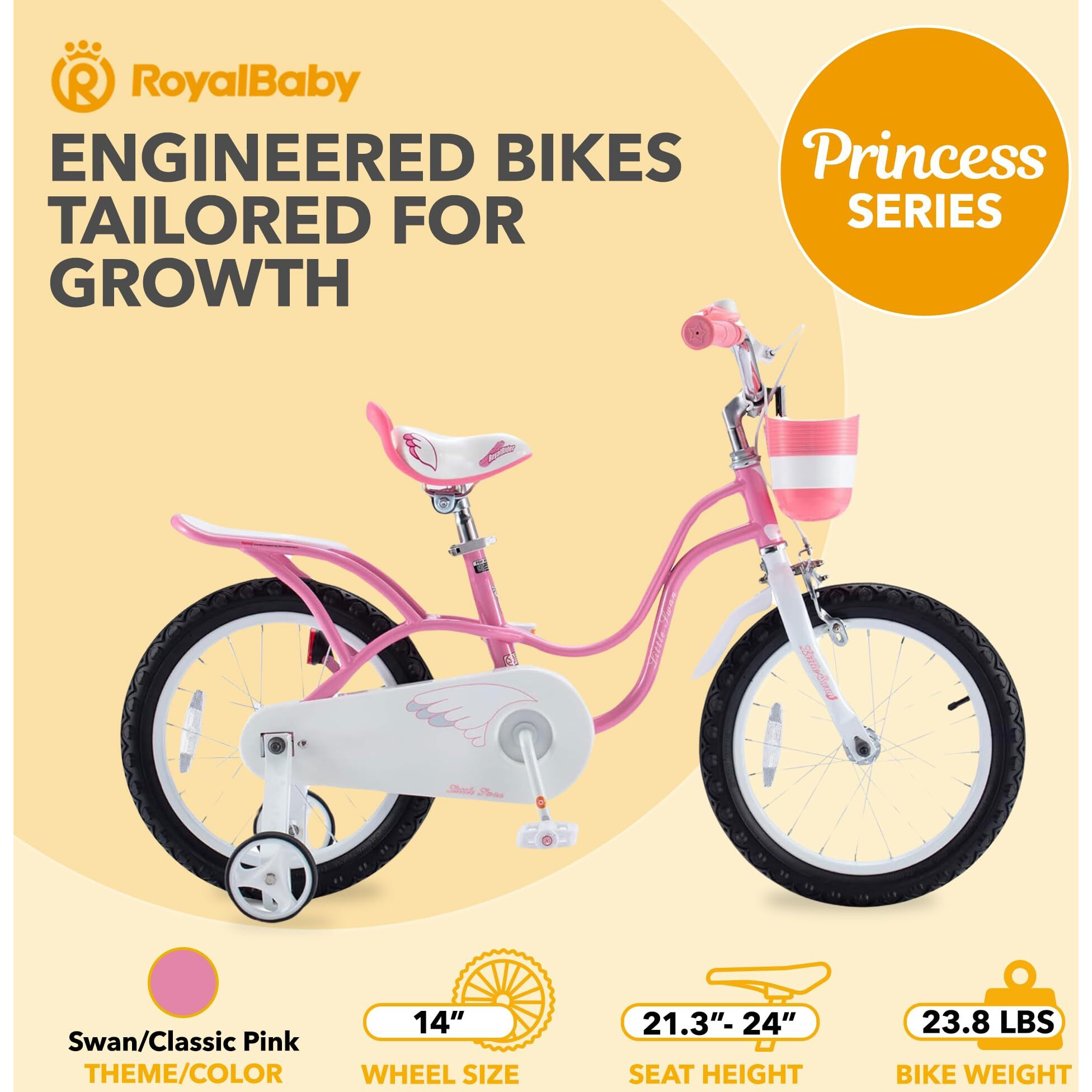 Royalbaby Princess Girl Children's Bicycle Outdoor Ride-On Bike With Training Wheels, Adjustable Seat, And Basket, 14 Inch, Swan/Classic Pink